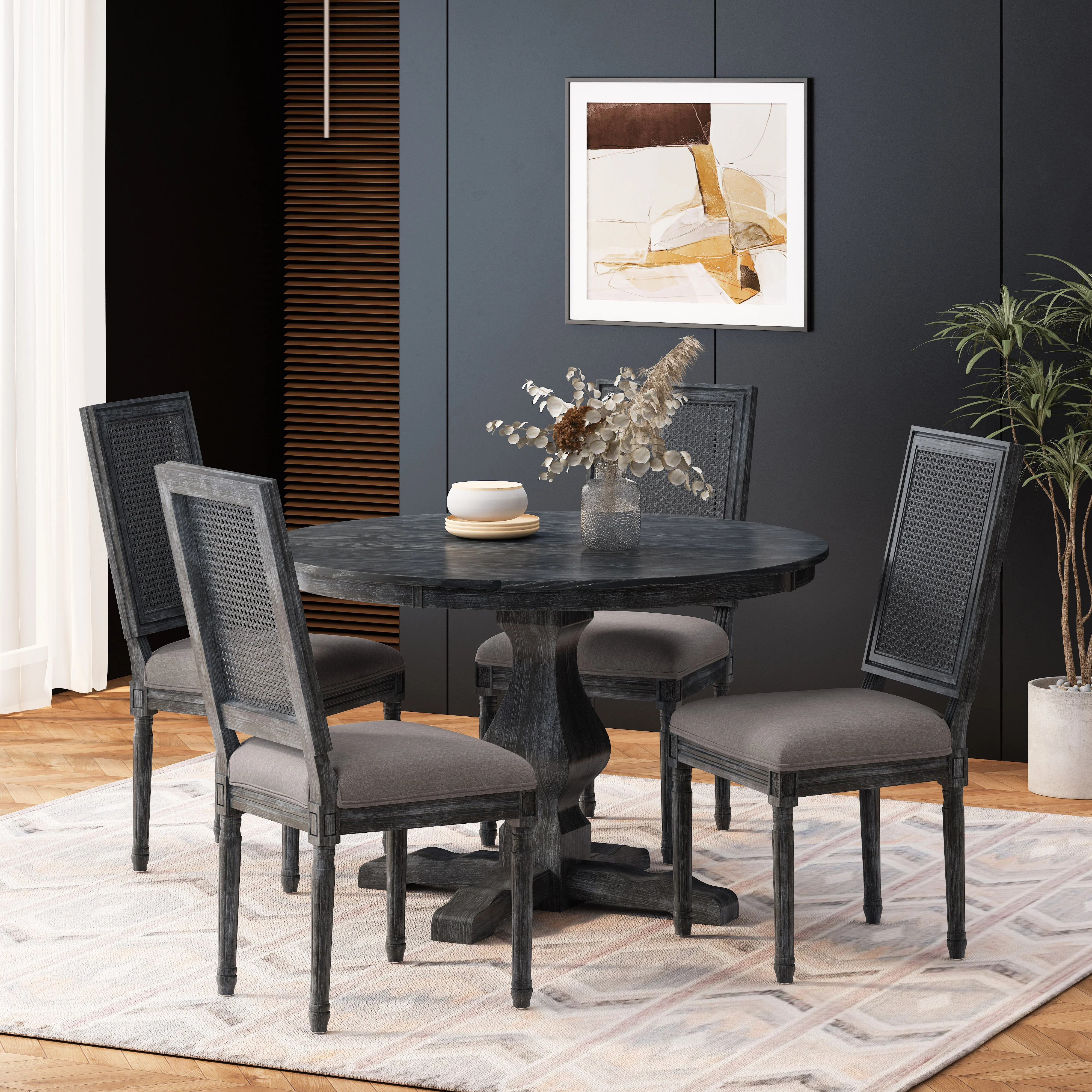 Merlene French Country Fabric Upholstered Wood and Cane 5 Piece Circular Dining Set - furnishings