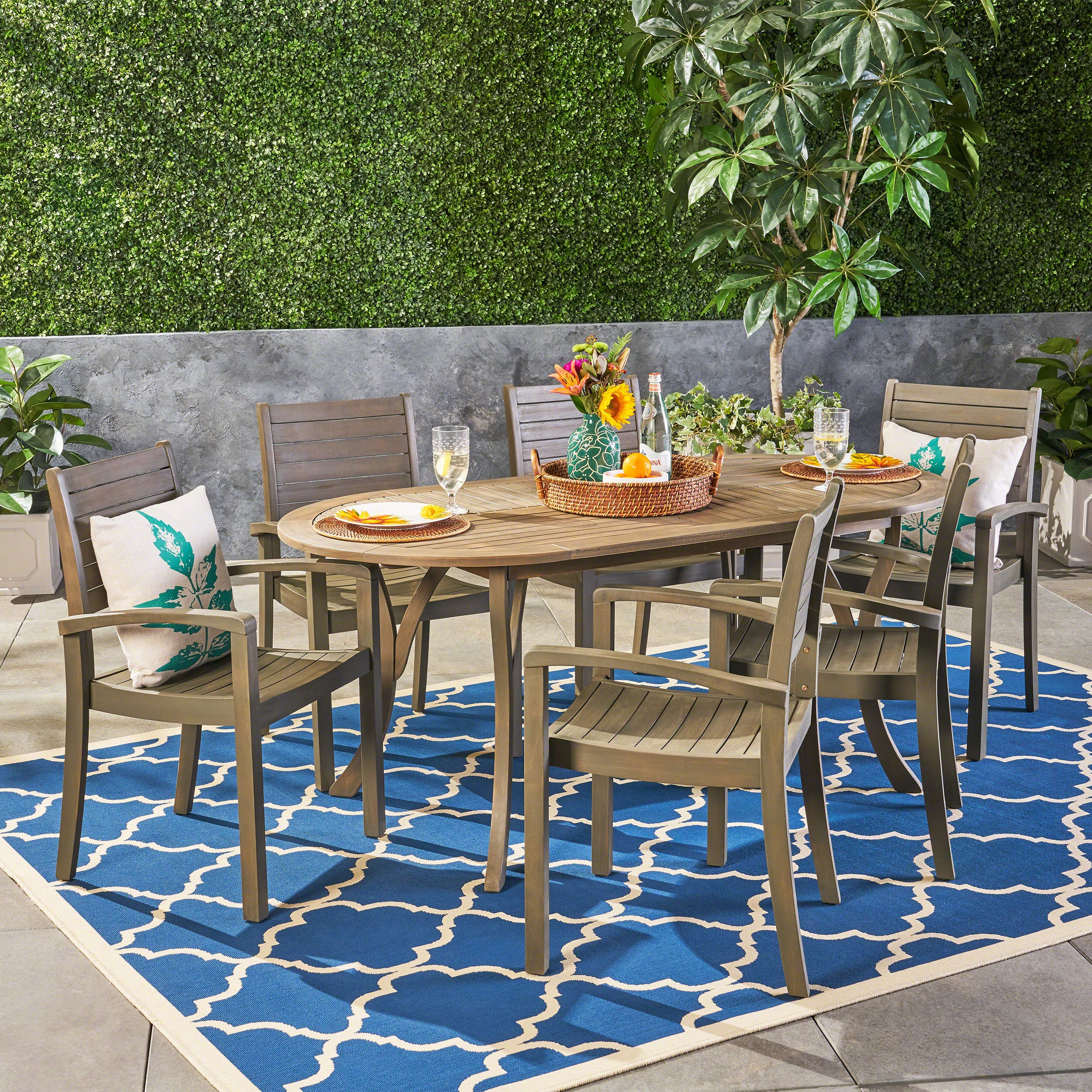 Powell Outdoor 6-Seater Oval Acacia Wood Dining Set - furnishings