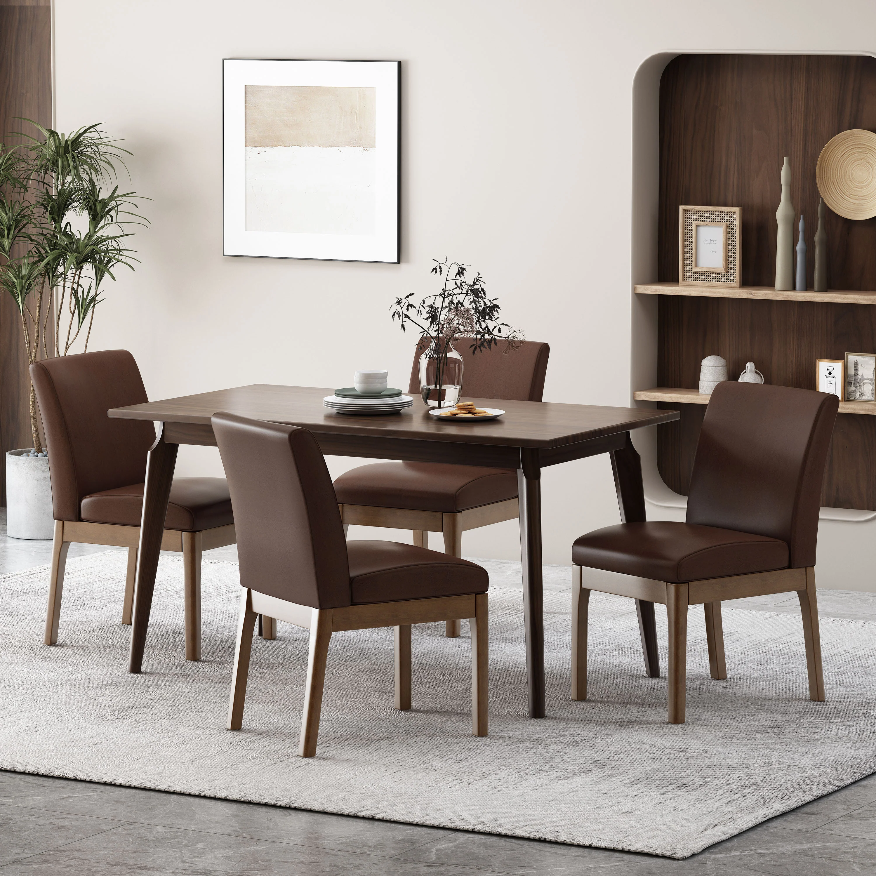 Hampton Mid Century Modern Upholstered Dining Chairs, Set of 4, Dark Brown Faux Leather and Walnut - furnishings