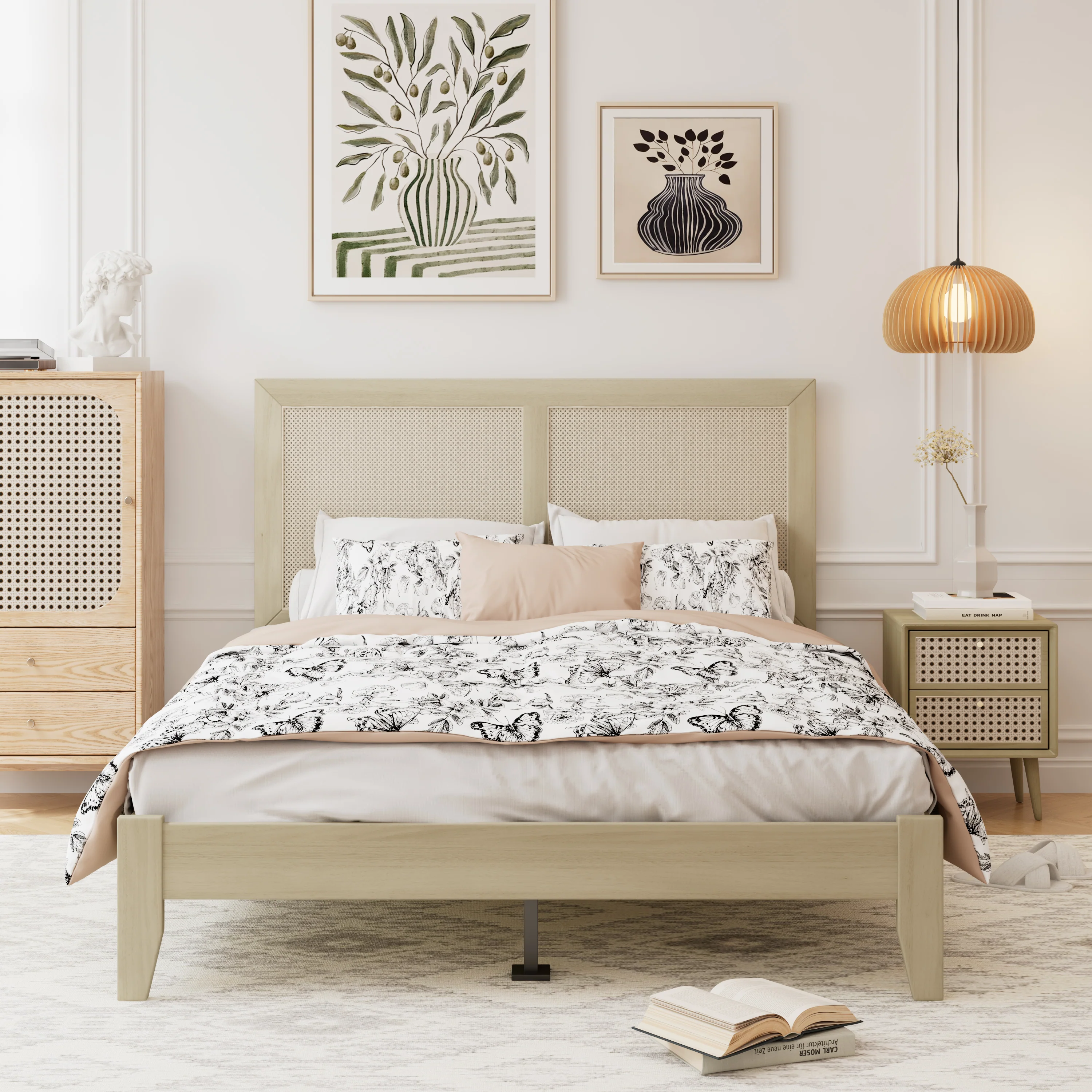 Linenwood Eudoca Rubber Wood Platform Bed with Rattan Woven Headboard, Natural - furnishings
