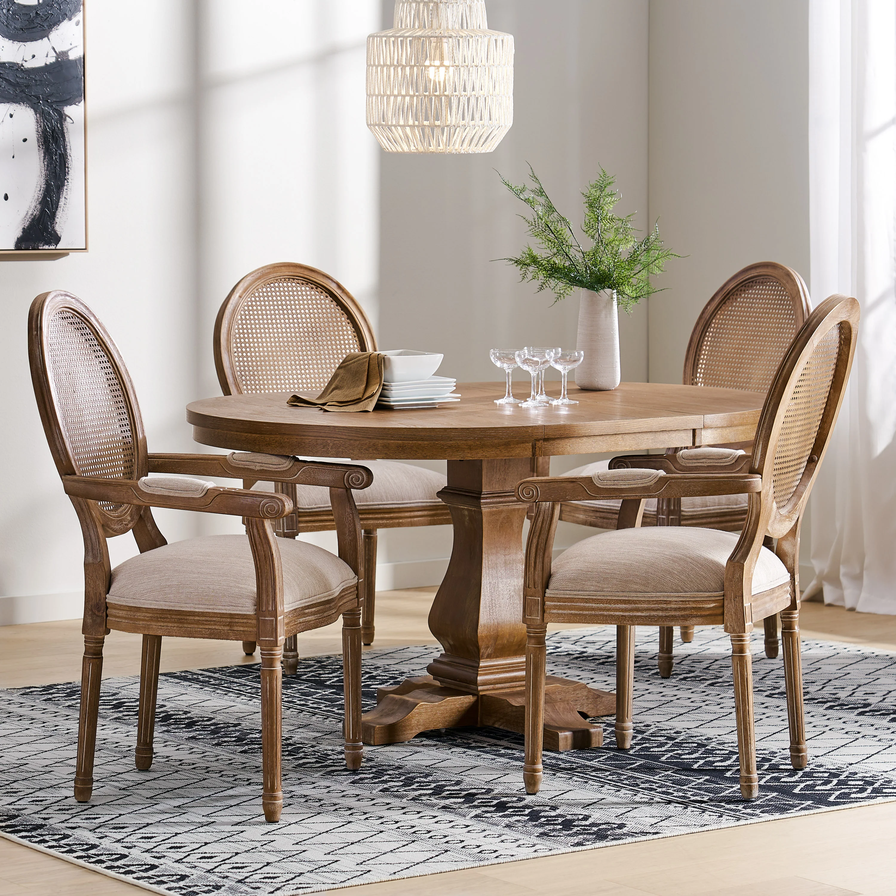 Ismay French Country Wood and Cane 5-Piece Expandable Oval Dining Set - furnishings
