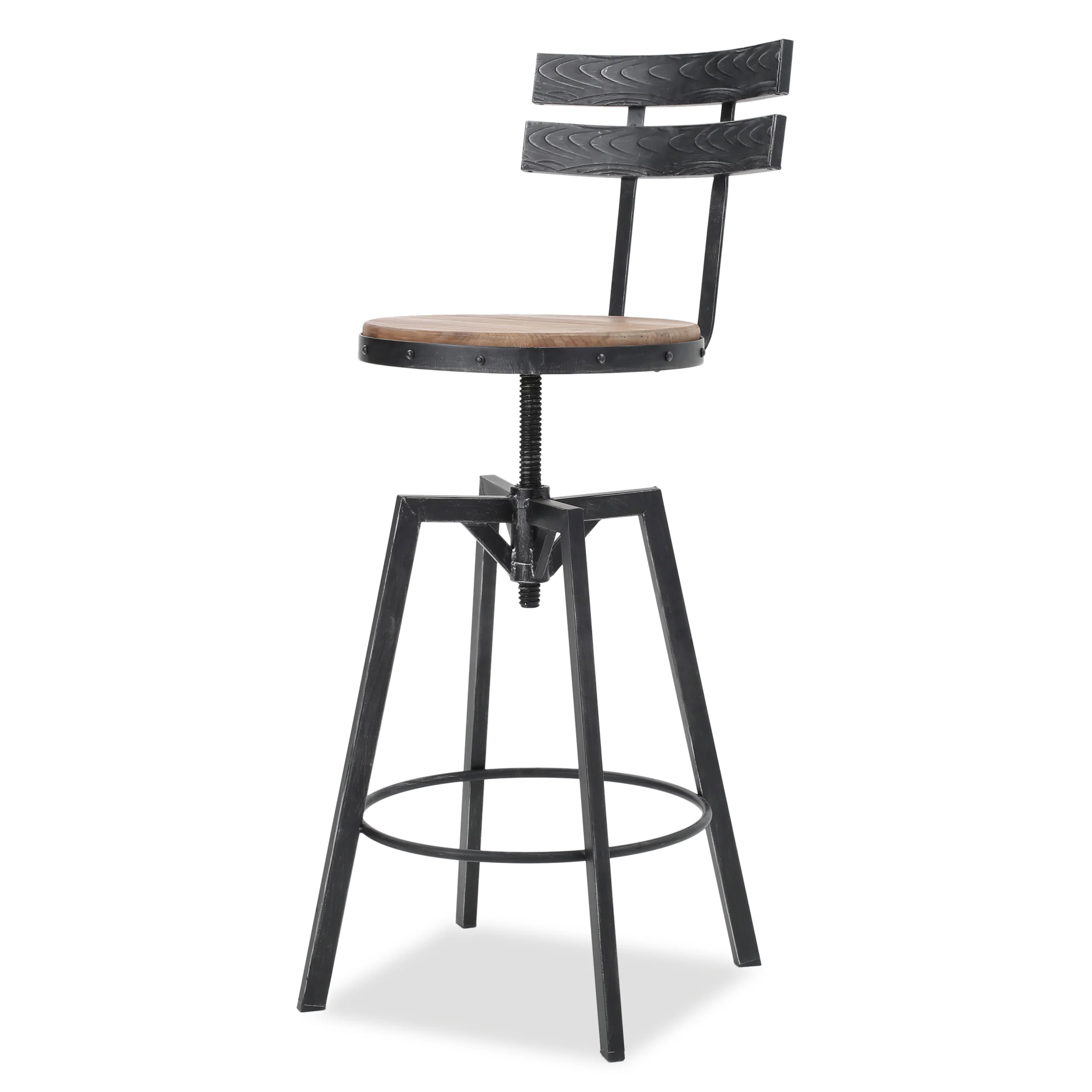 Theo Modern Industrial Firwood Adjustable Height Swivel Barstools, Set of 2, Natural and Black Brushed Silver - furnishings
