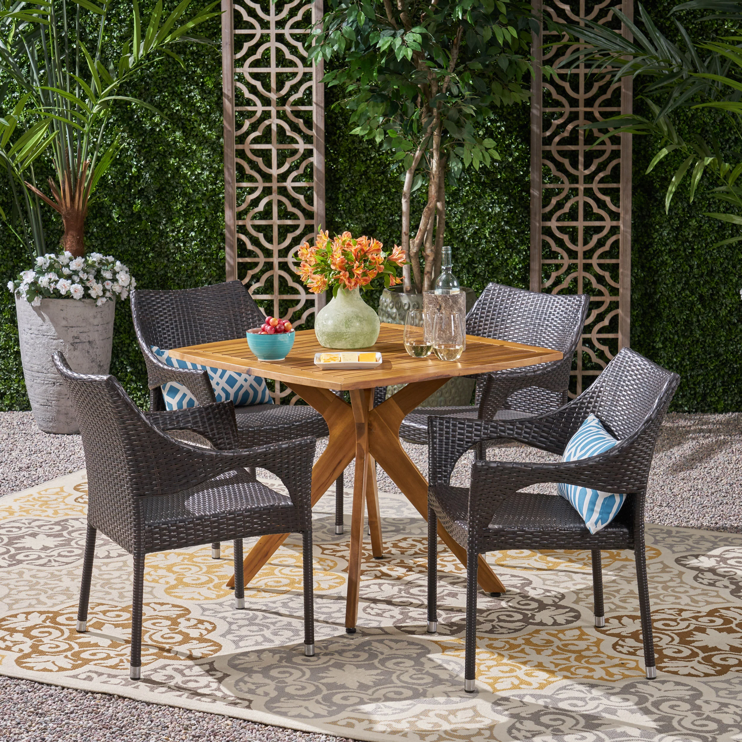 Declan Outdoor 5 Piece Wood and Wicker Dining Set - furnishings