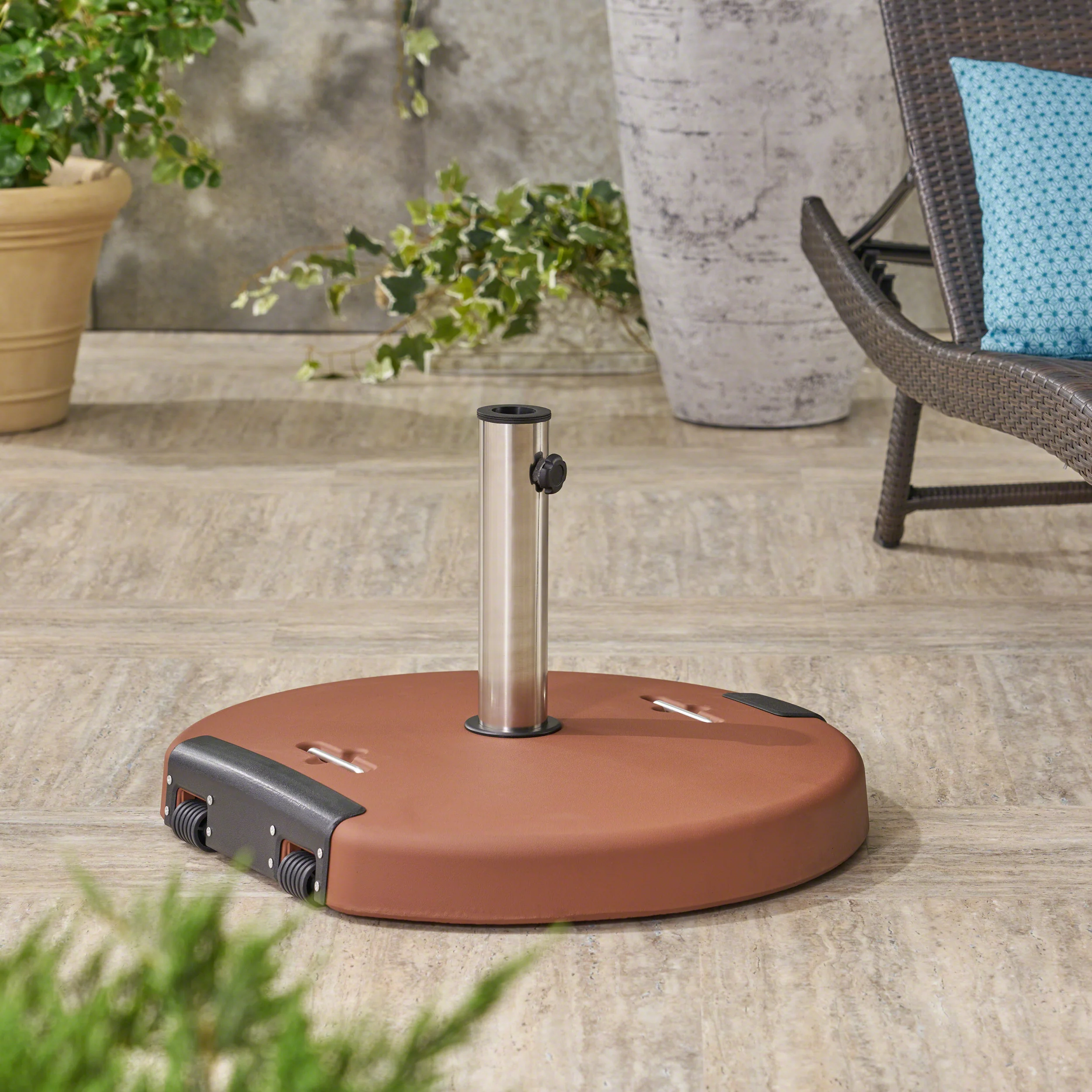 Kelly Outdoor 132lb Concrete Circular Umbrella Base with Stainless Steel Collar - furnishings