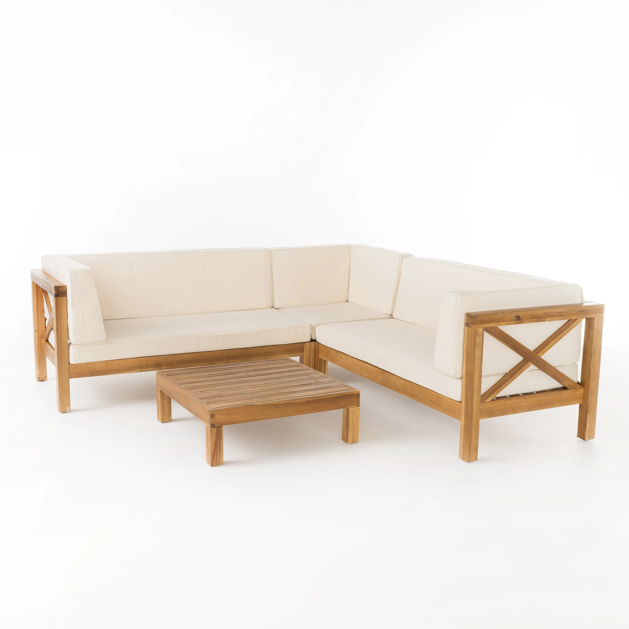 Brava Outdoor 4 Piece V-Shaped Acacia Wood Sectional Sofa and Coffee Table Set - furnishings