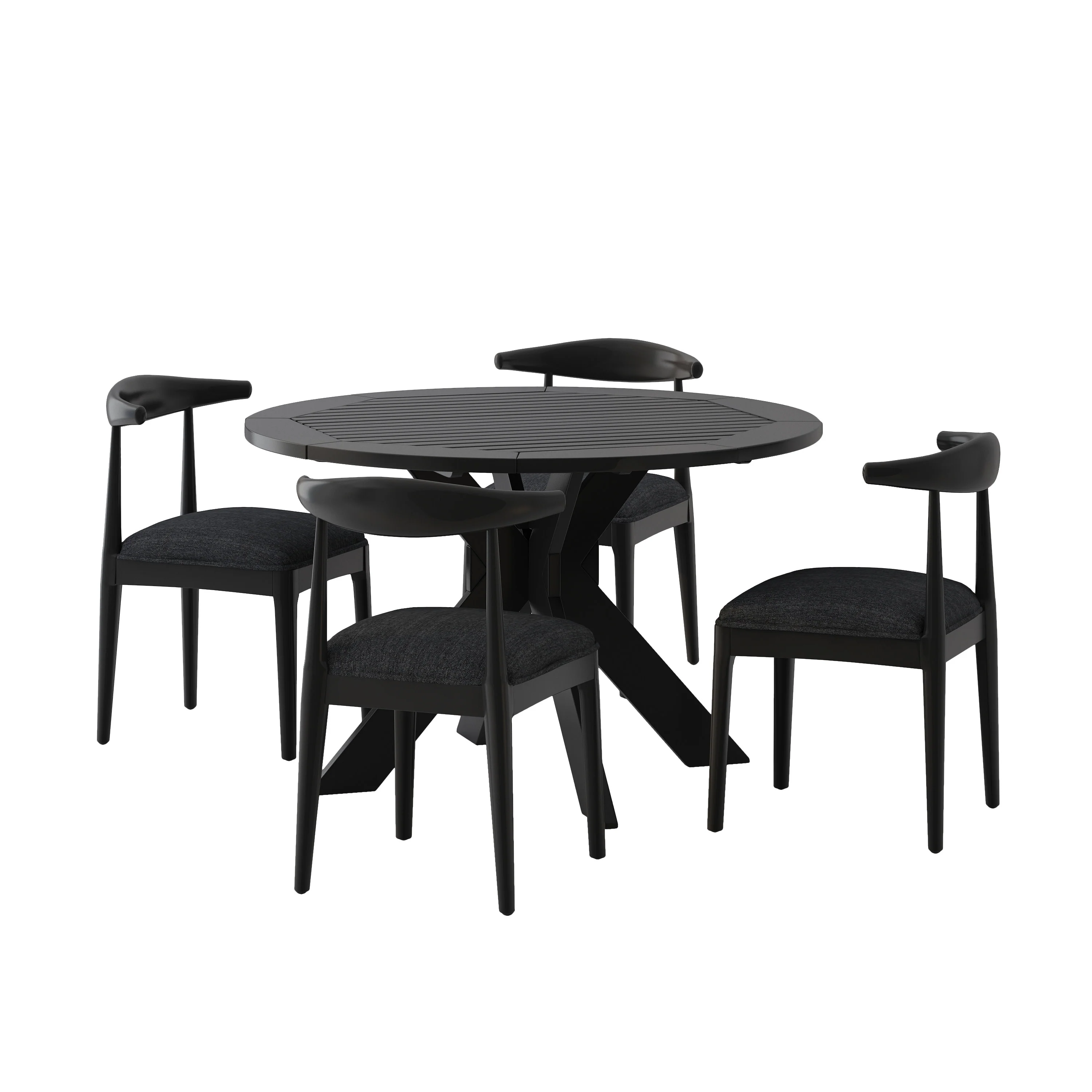 Shelton Mid Century Modern Fabric Upholstered Wood 5 Piece Dining Set, Black Textured Tweed and Black - furnishings