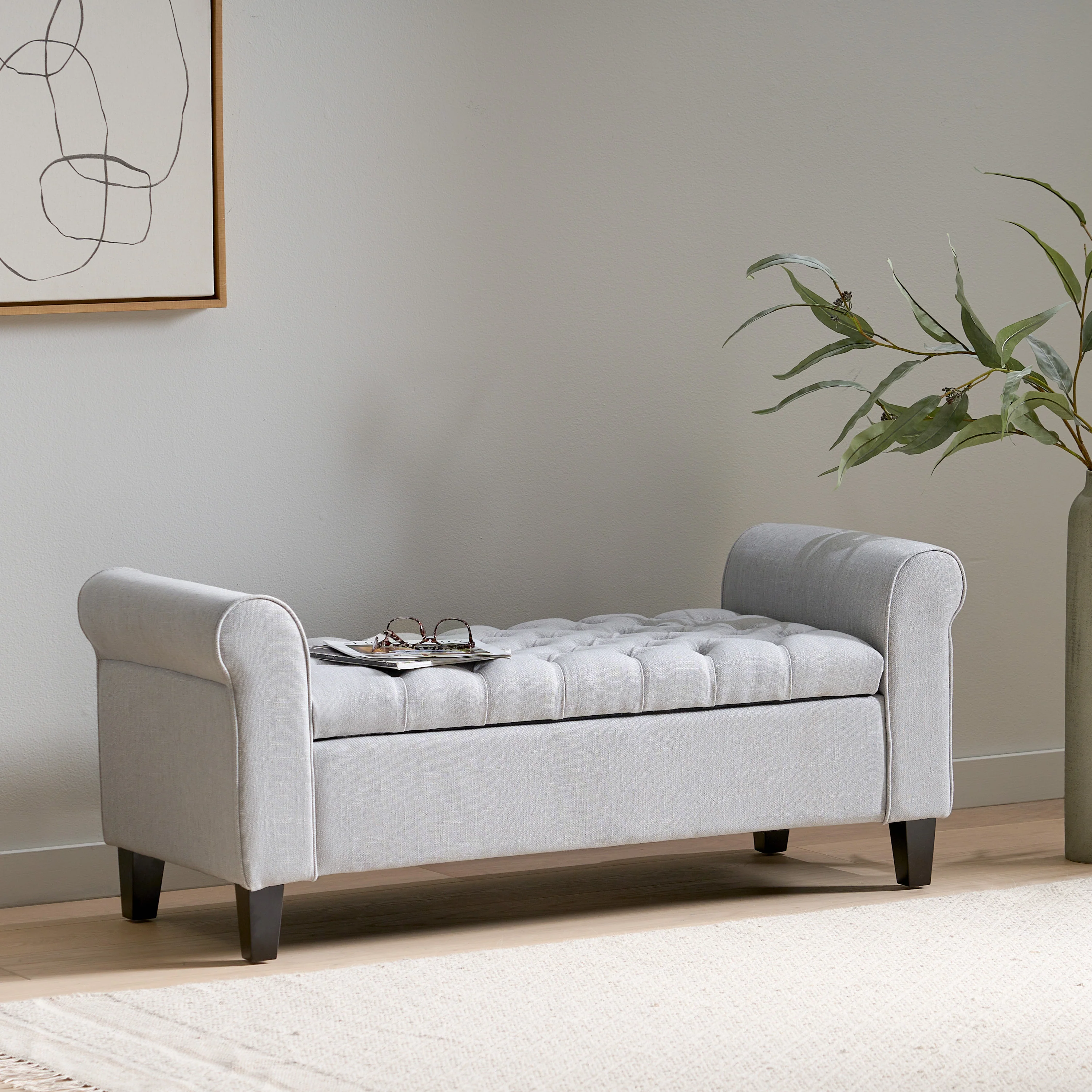 Charlemagne Rolled Arm Tufted Fabric Storage Ottoman Bench - furnishings