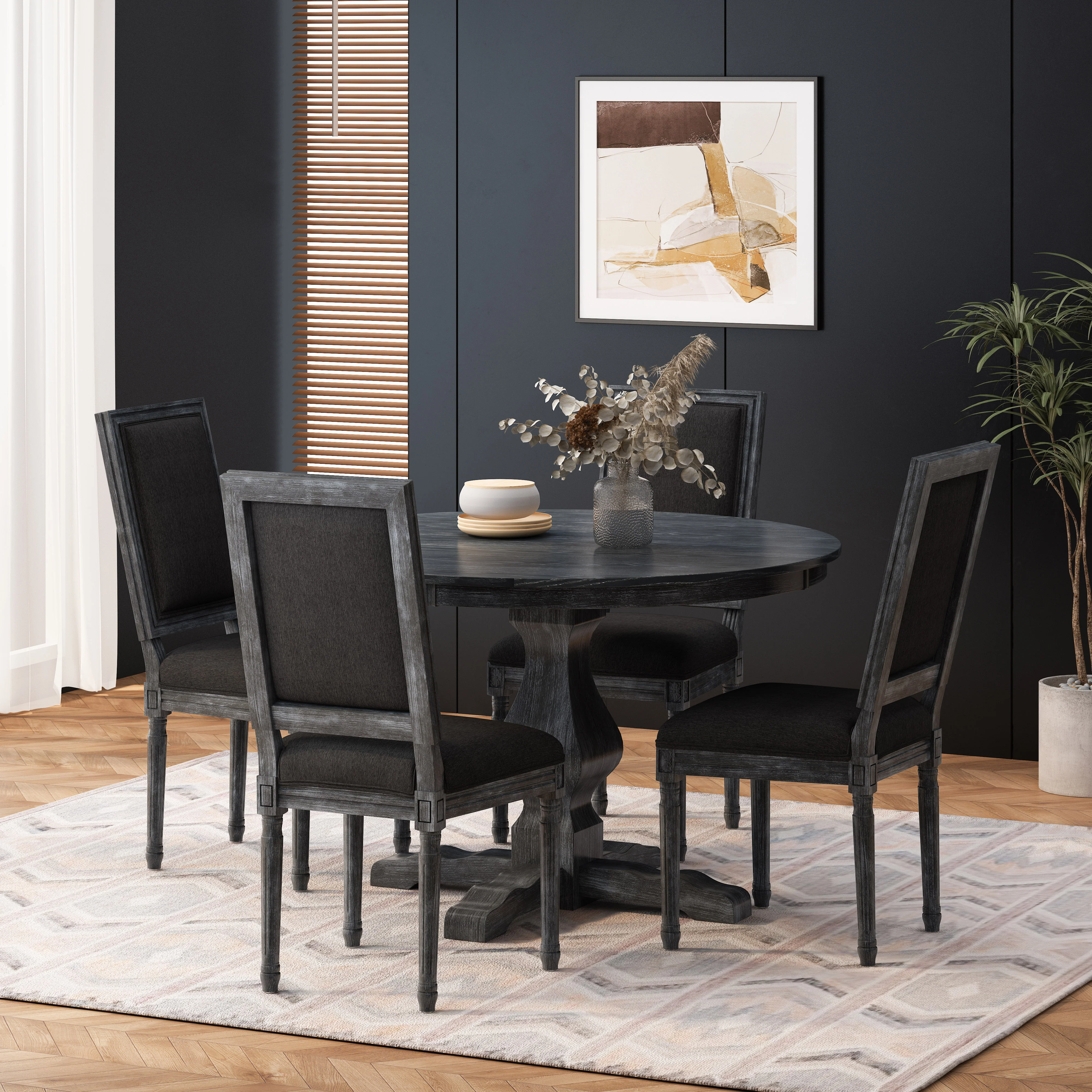 Merlene French Country Fabric Upholstered Wood 5 Piece Circular Dining Set - furnishings