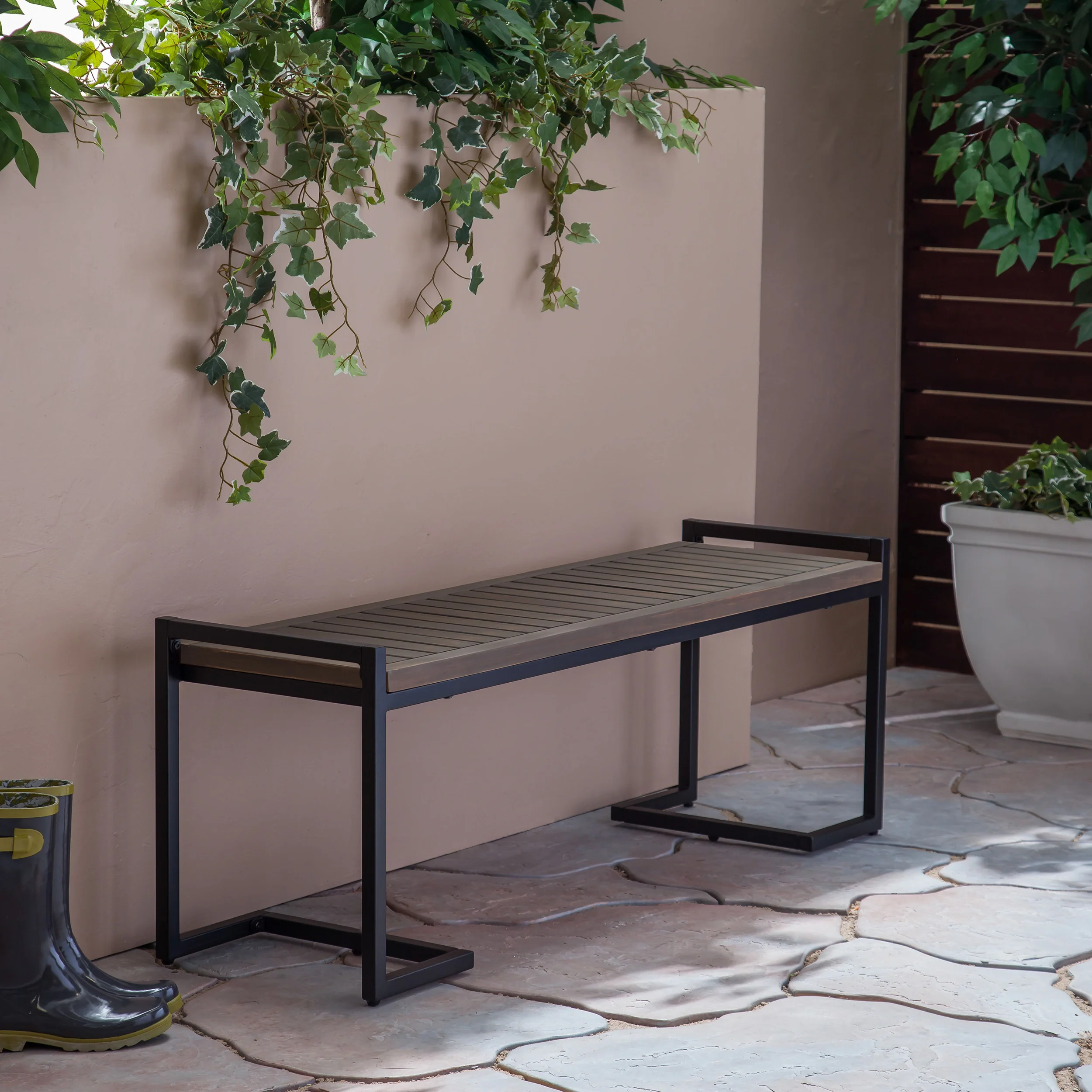 Noel Outdoor Industrial Acacia Wood and Iron Bench - furnishings