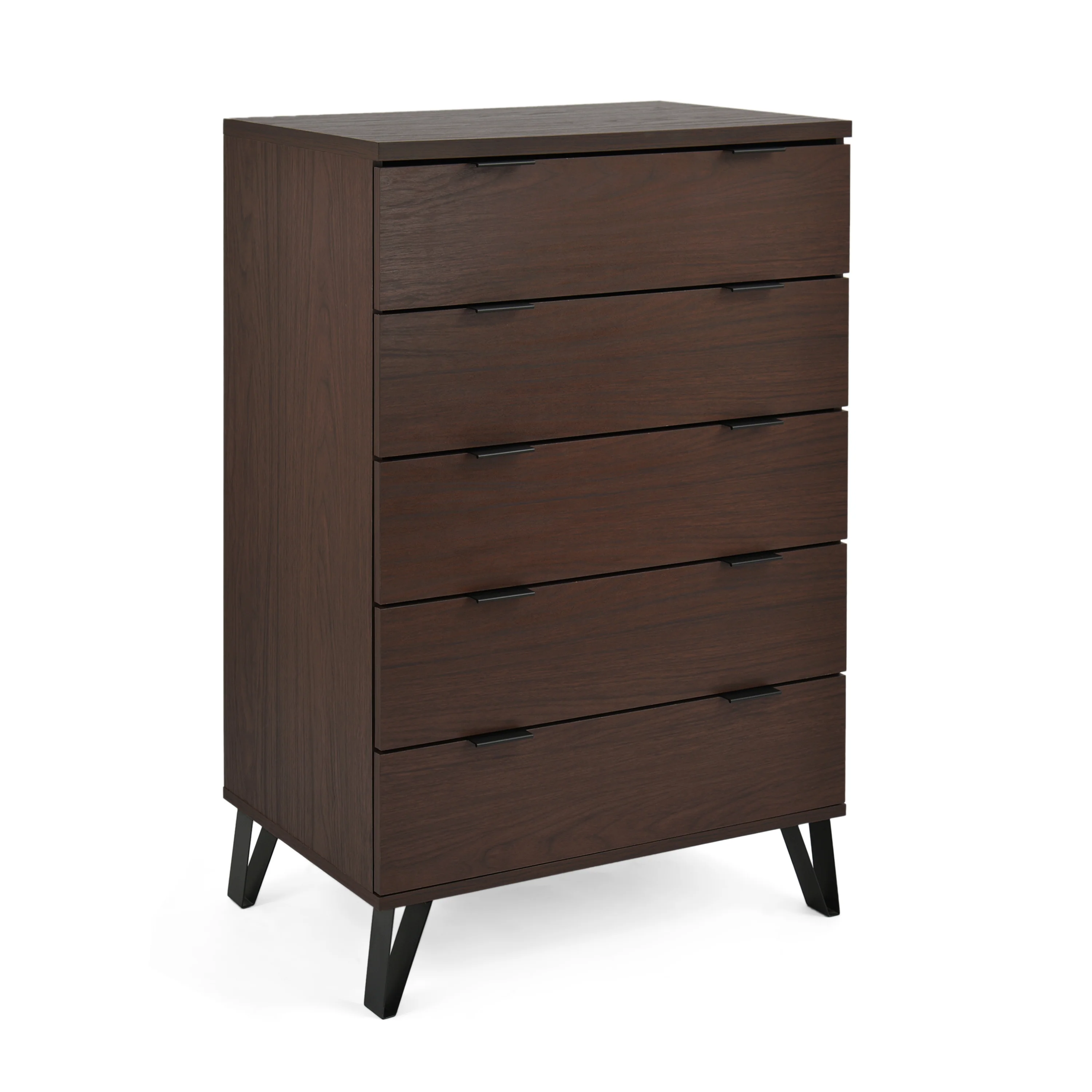 Demijen Modern Industrial 5 Drawer Wide Dresser, Walnut and Matte Black - furnishings