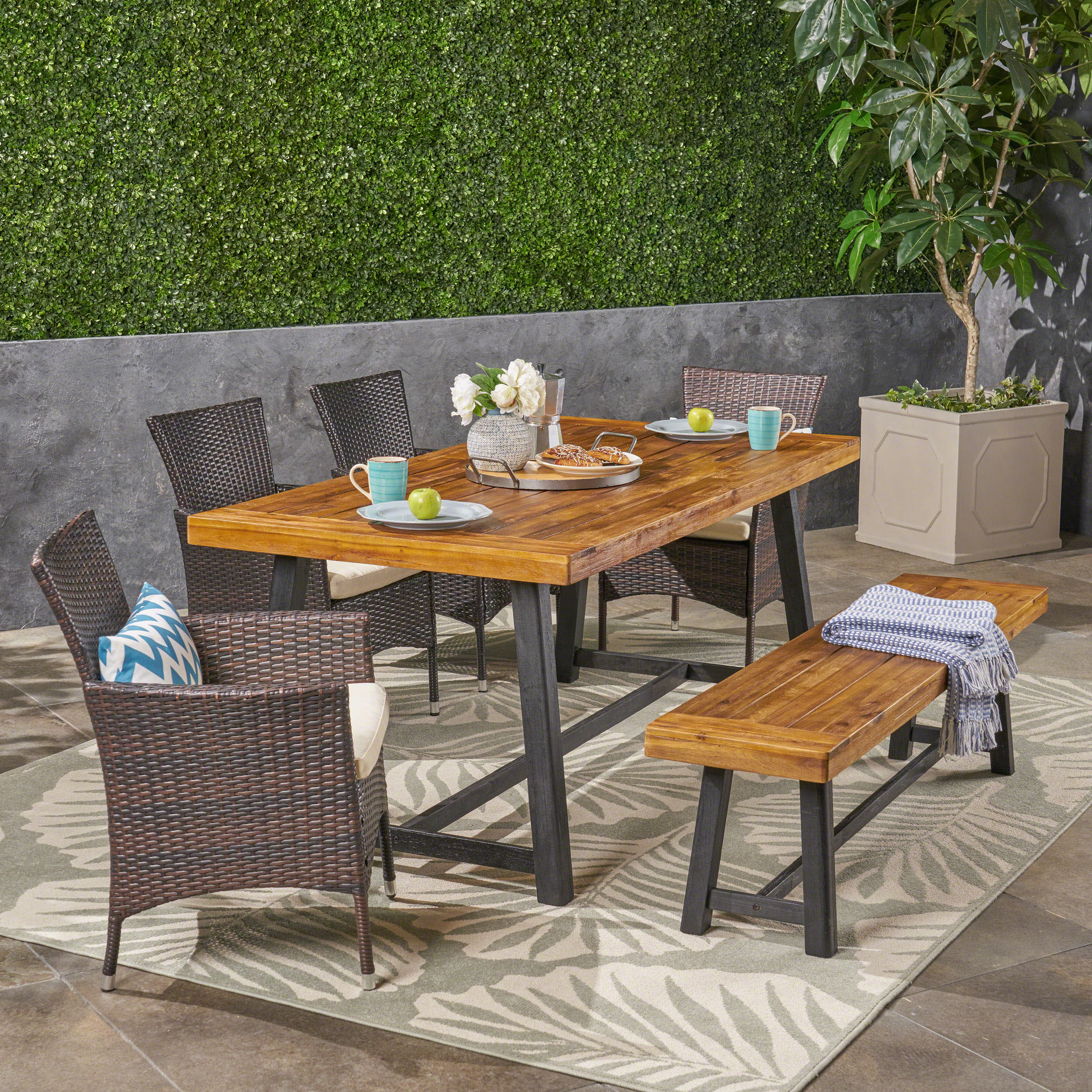 Jack Outdoor 6 Piece Dining Set with Stacking Wicker Chairs and Bench, Sandblast Teak and Black and Multi Brown - furnishings