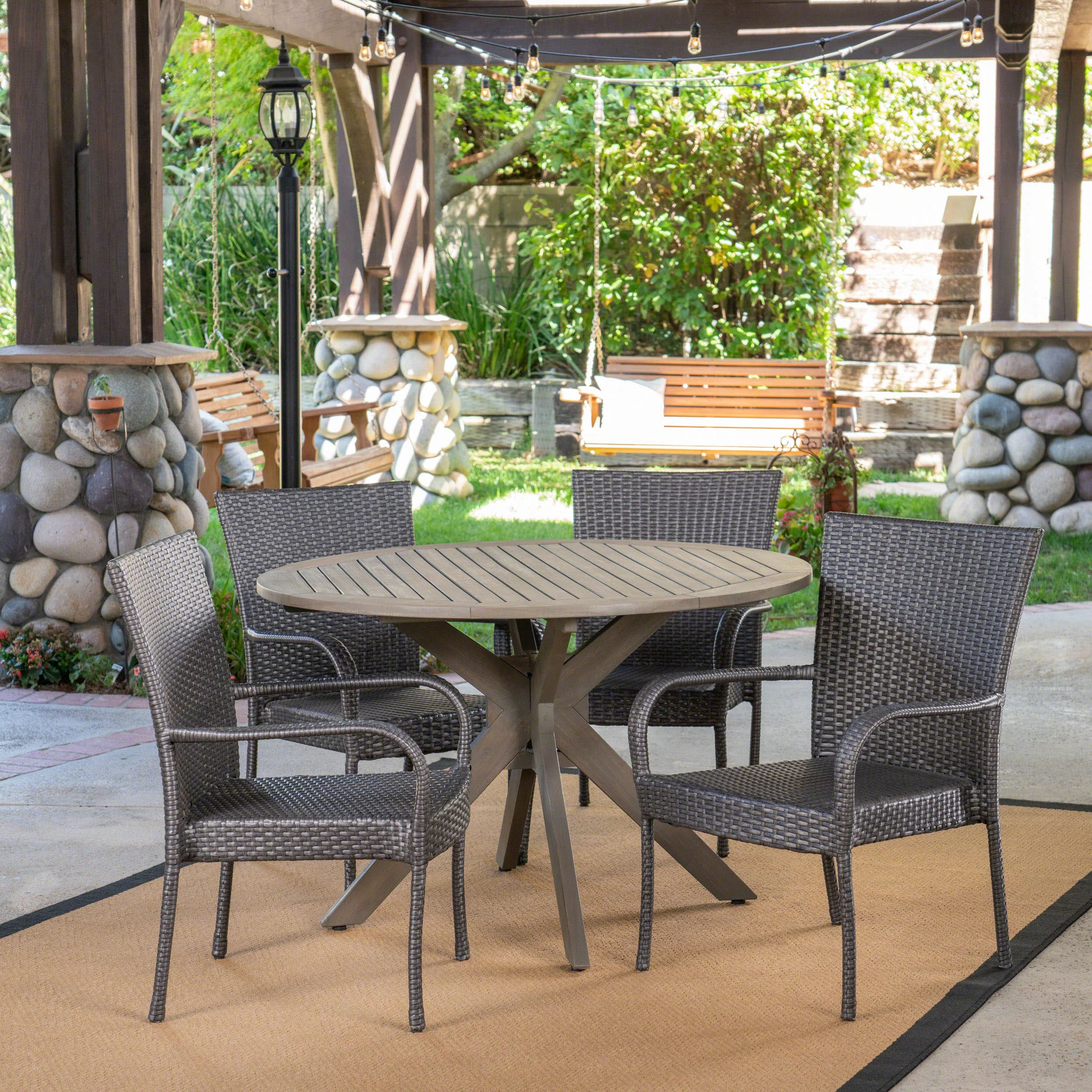 Murrary Outdoor 5 Piece Wood and Wicker Dining Set, Gray and Gray - furnishings