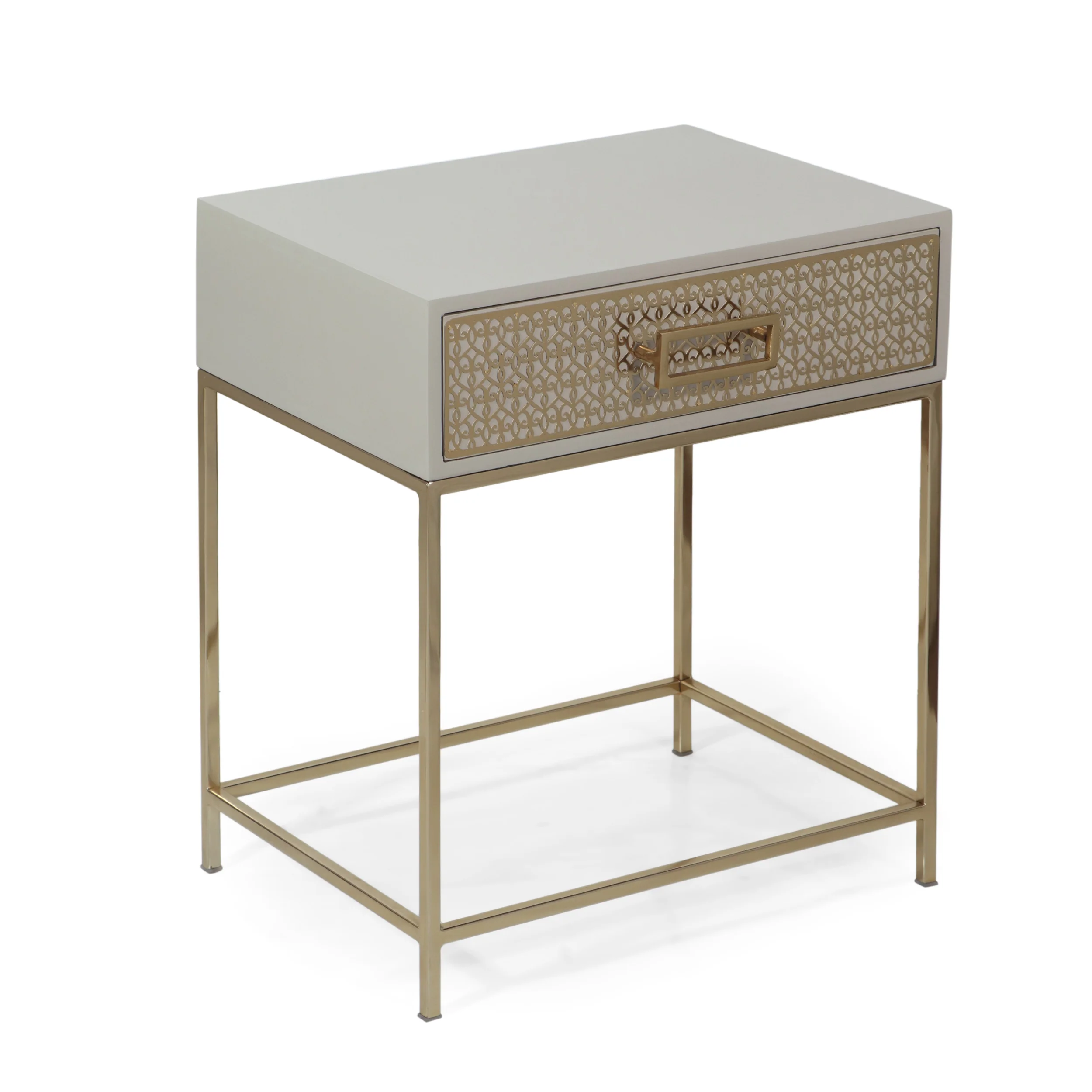 Sonnette Modern Glam Handcrafted Scroll Mesh Nightstand, Light Gray and Gold - furnishings