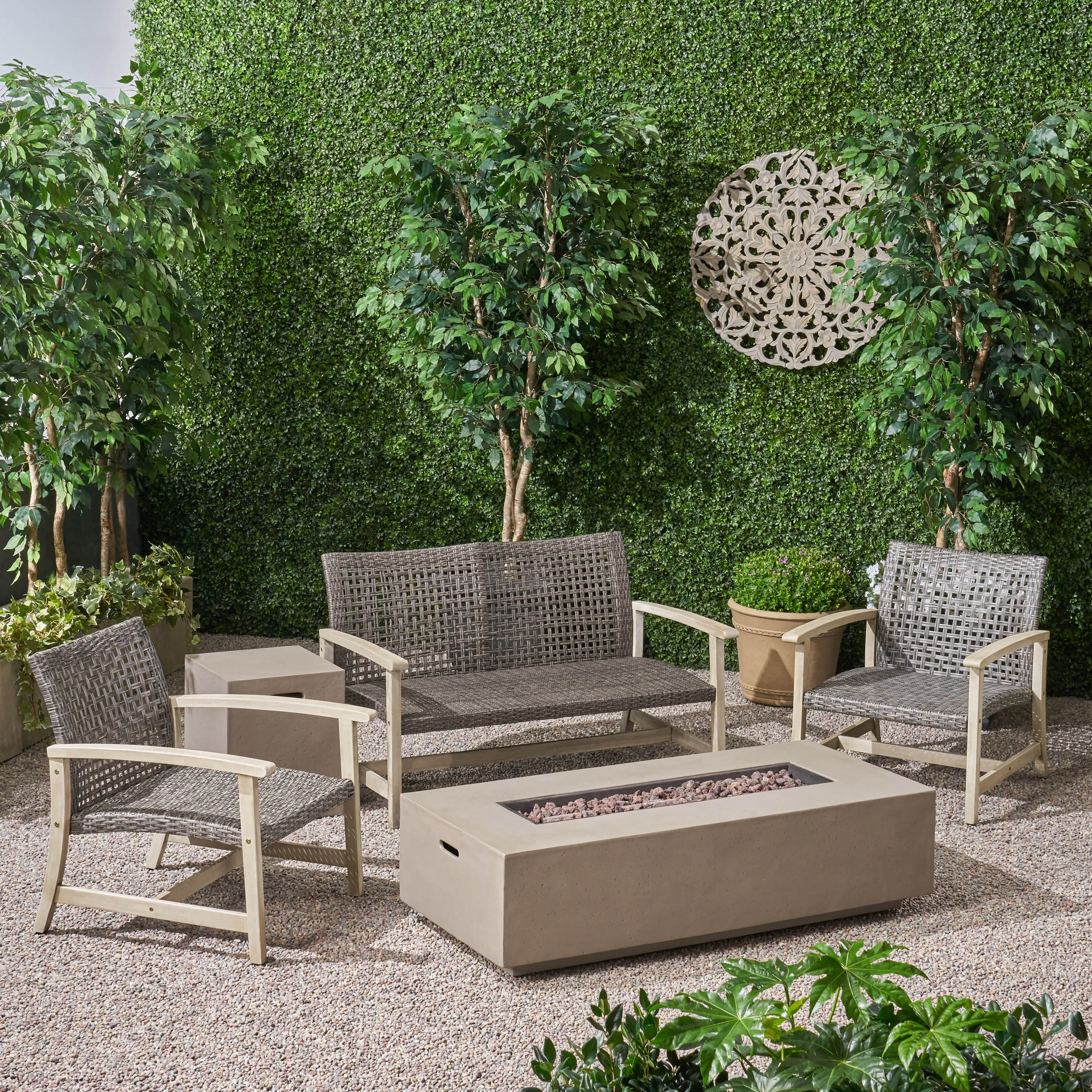 Alliso Outdoor 5 Piece Wood and Wicker Chat Set with Fire Pit - furnishings