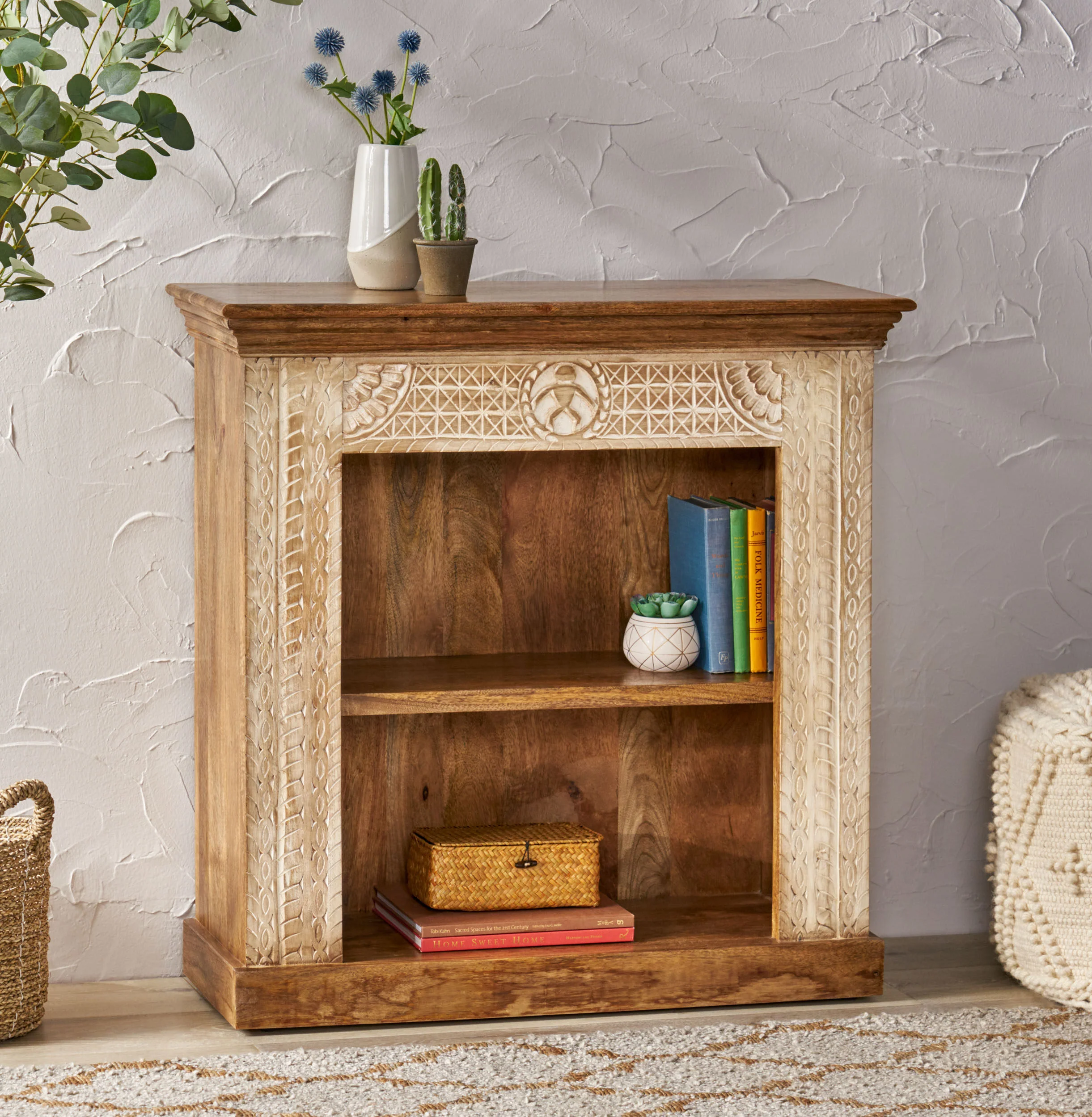 Toccoa Boho Handcrafted Mango Wood Bookcase, Walnut and Distressed White - furnishings