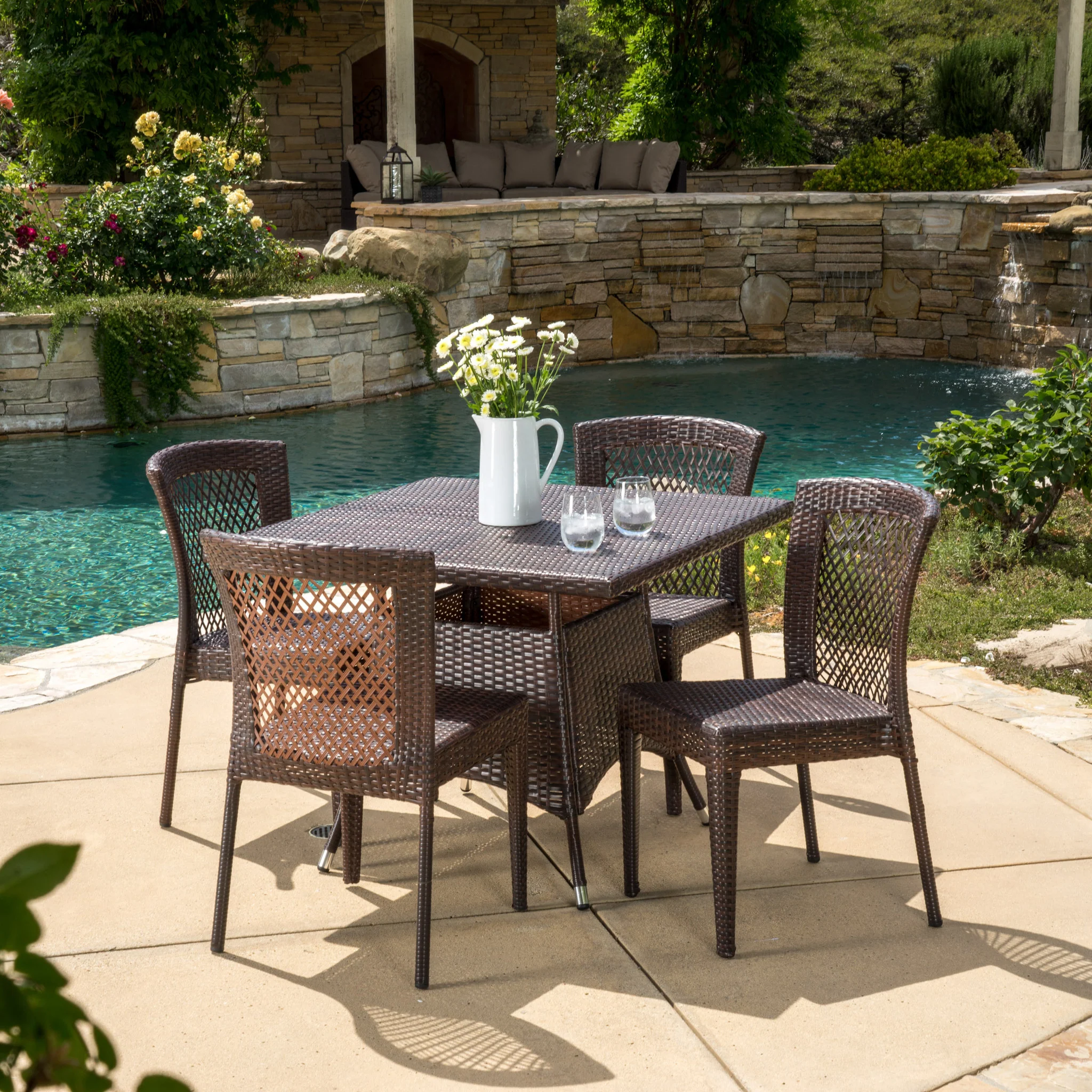 Perry Outdoor 5pc Multibrown Wicker Square Dining Set - furnishings
