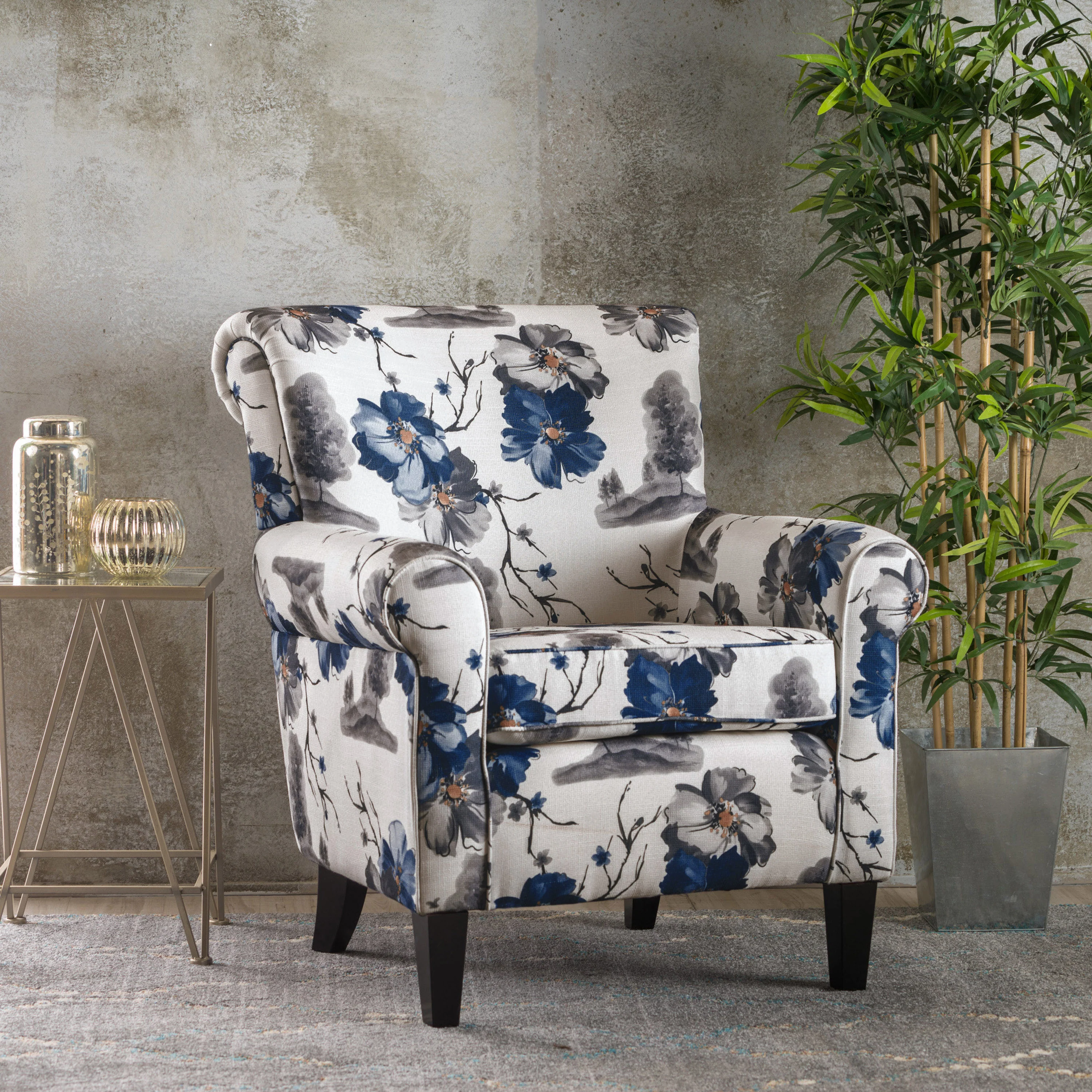 Manon Blue & White Floral Print Fabric Club Chair - furnishings