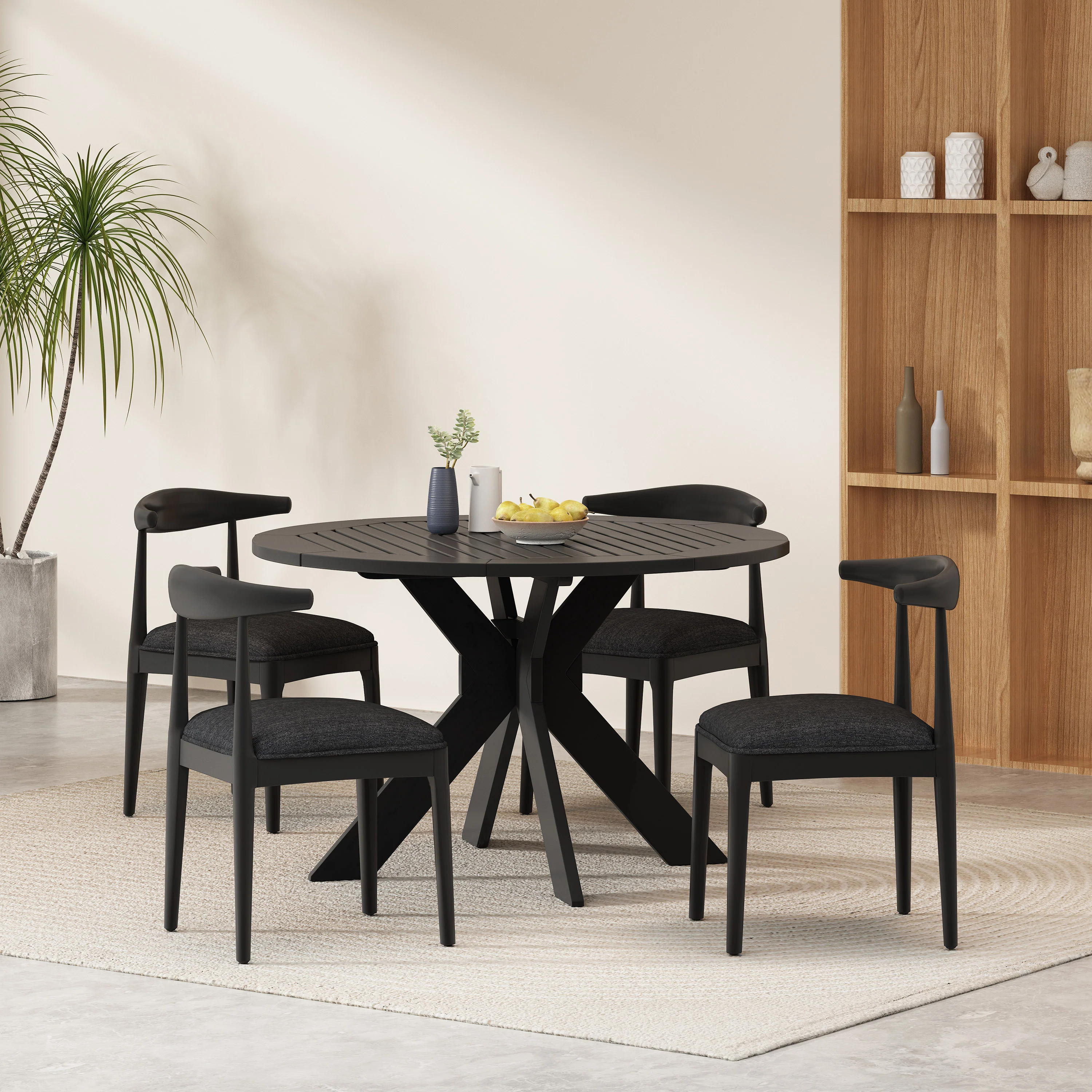 Shelton Mid Century Modern Fabric Upholstered Wood 5 Piece Dining Set, Black Textured Tweed and Black - furnishings