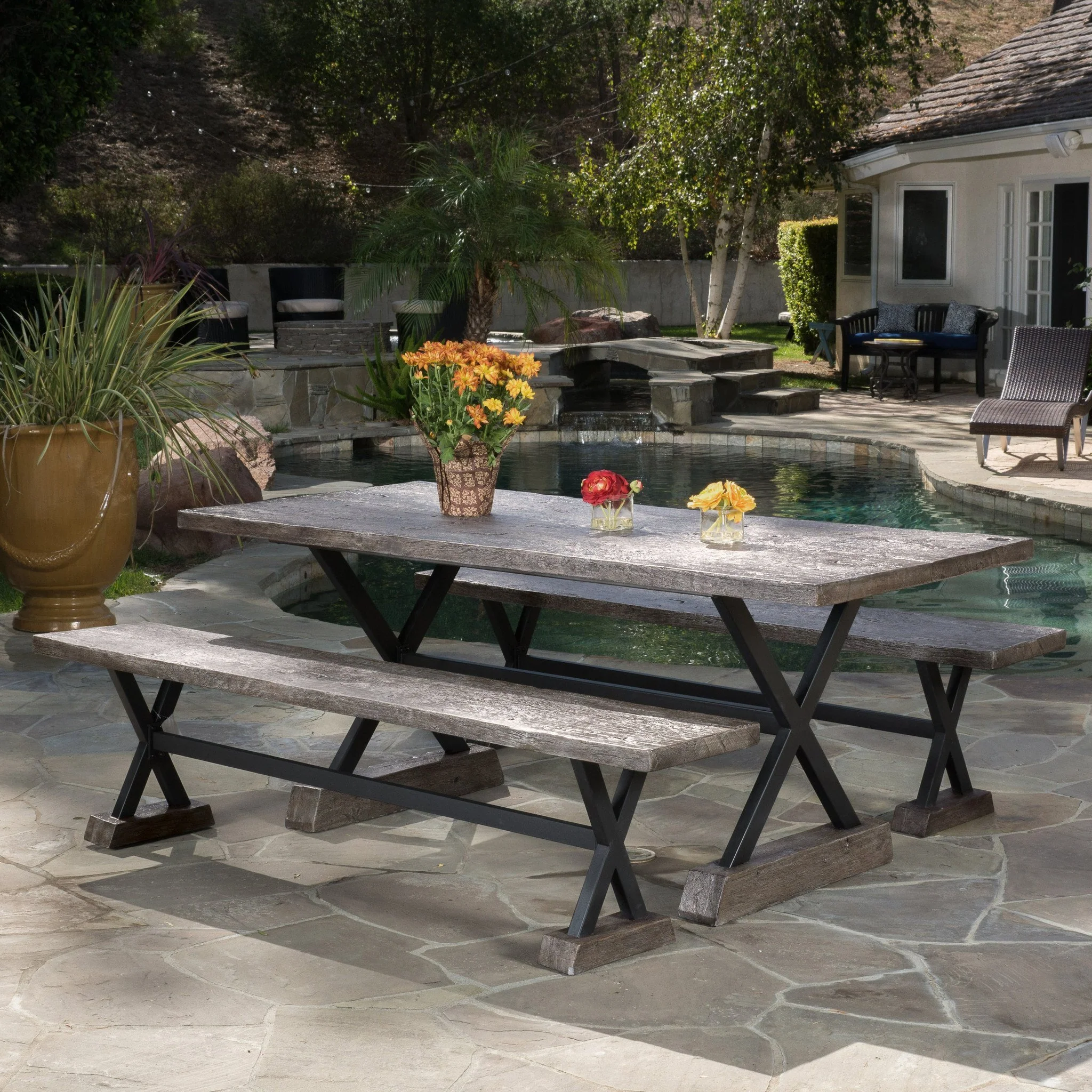 Colby Outdoor 3 Piece Lightweight Concrete Dining Set with Benches - furnishings