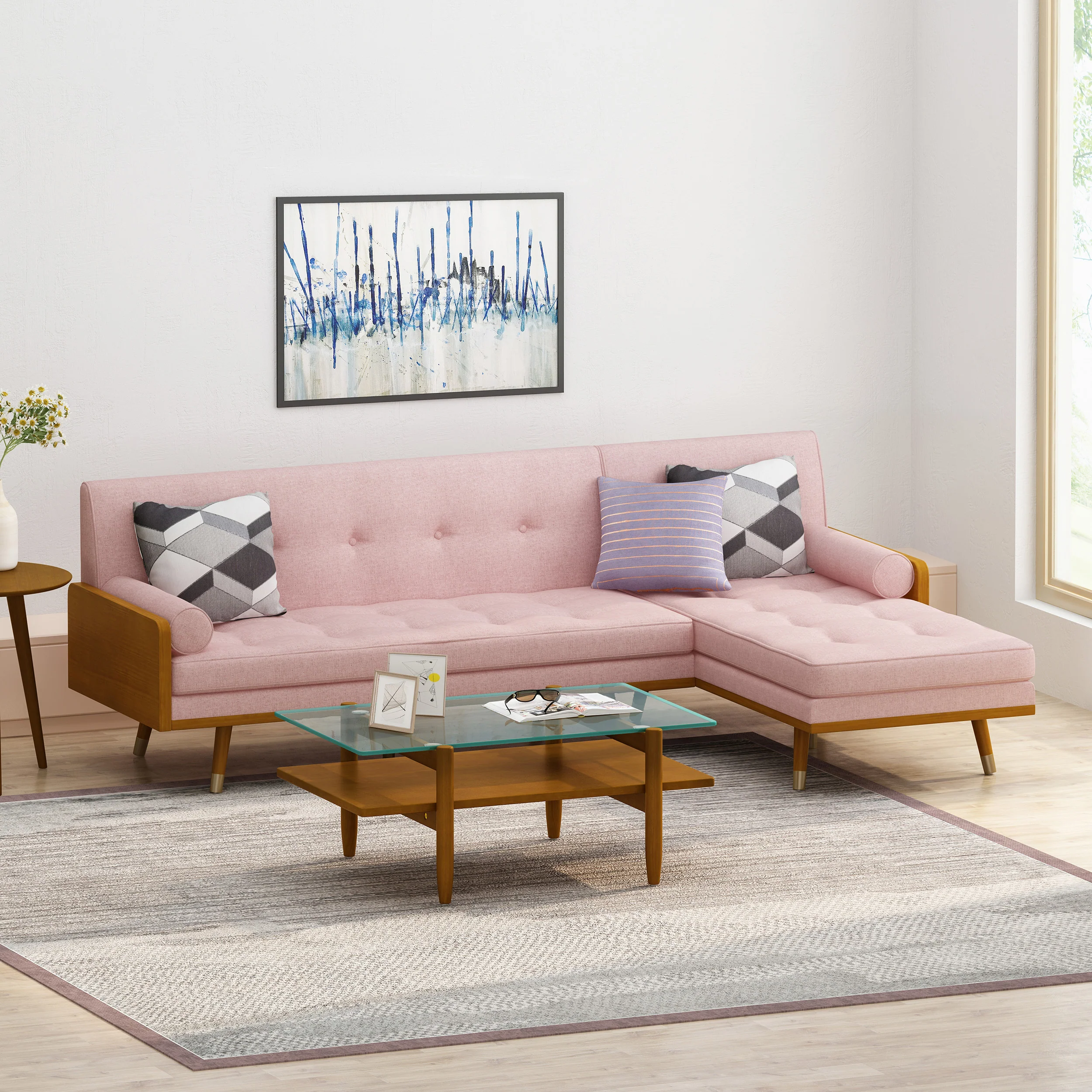Yaretsi Mid-Century Modern Fabric Chaise Sectional - furnishings