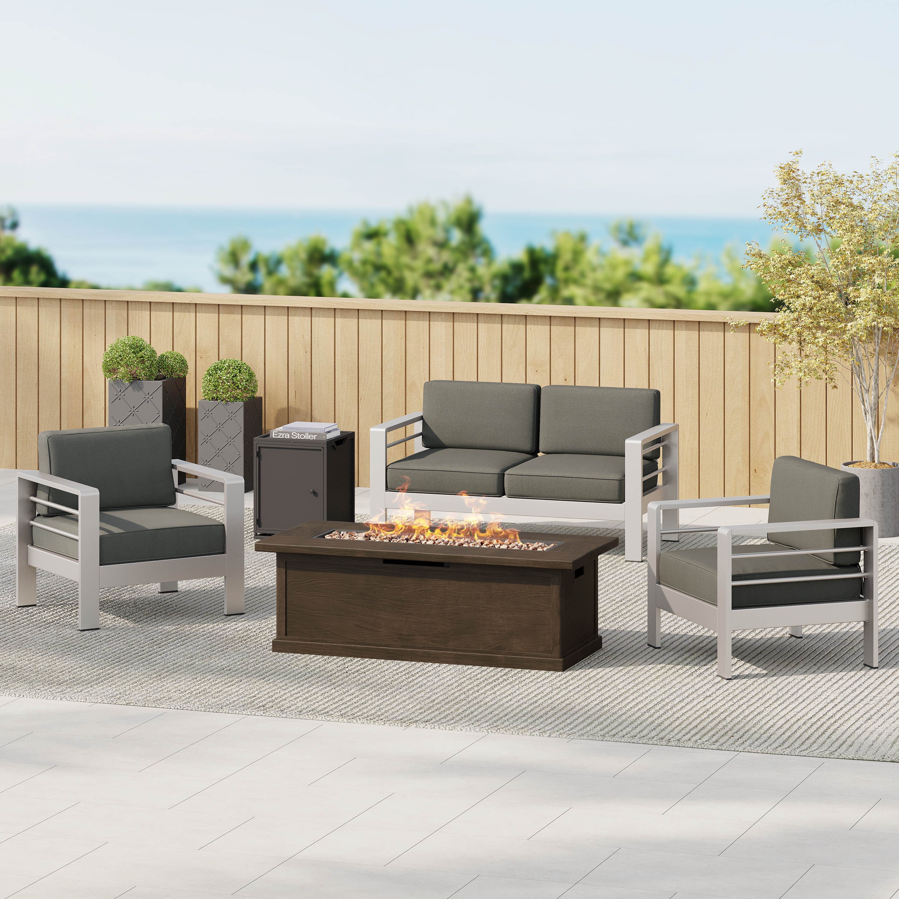Crested Bay Outdoor Aluminum 3-piece Chat Set with 56-inch Rectangular Liquid Propane Fire Table - furnishings