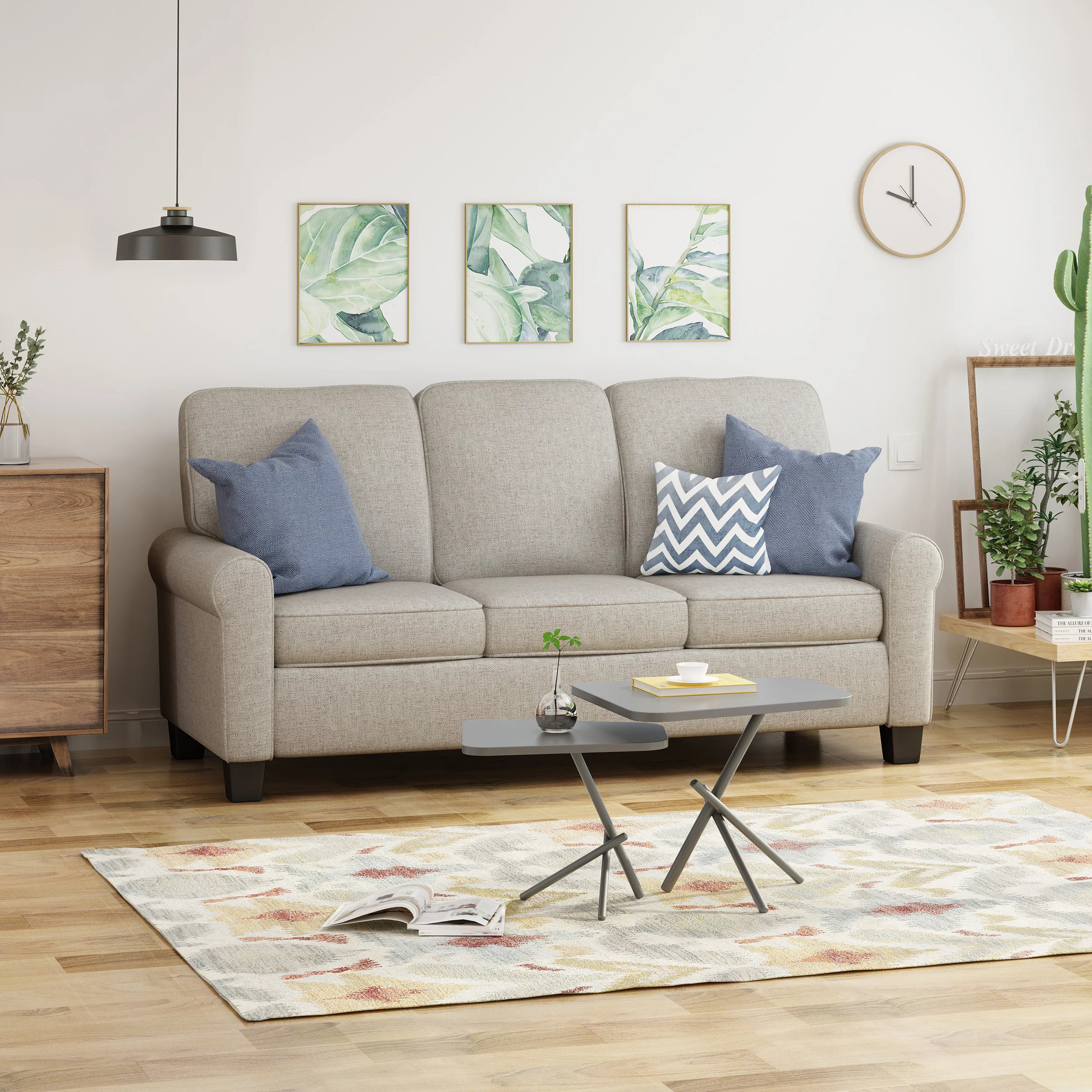 Bridget Contemporary Scrolled Arm Upholstered Fabric Sofa with Tonal Piping - furnishings