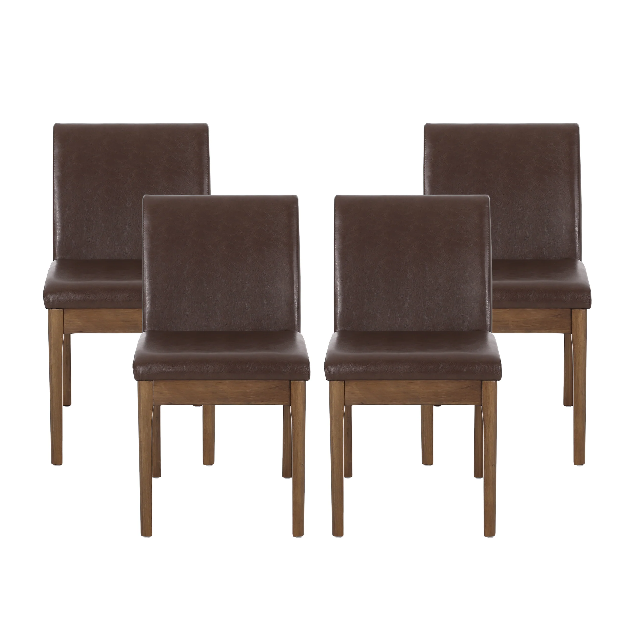 Hampton Mid Century Modern Upholstered Dining Chairs, Set of 4, Dark Brown Faux Leather and Walnut - furnishings