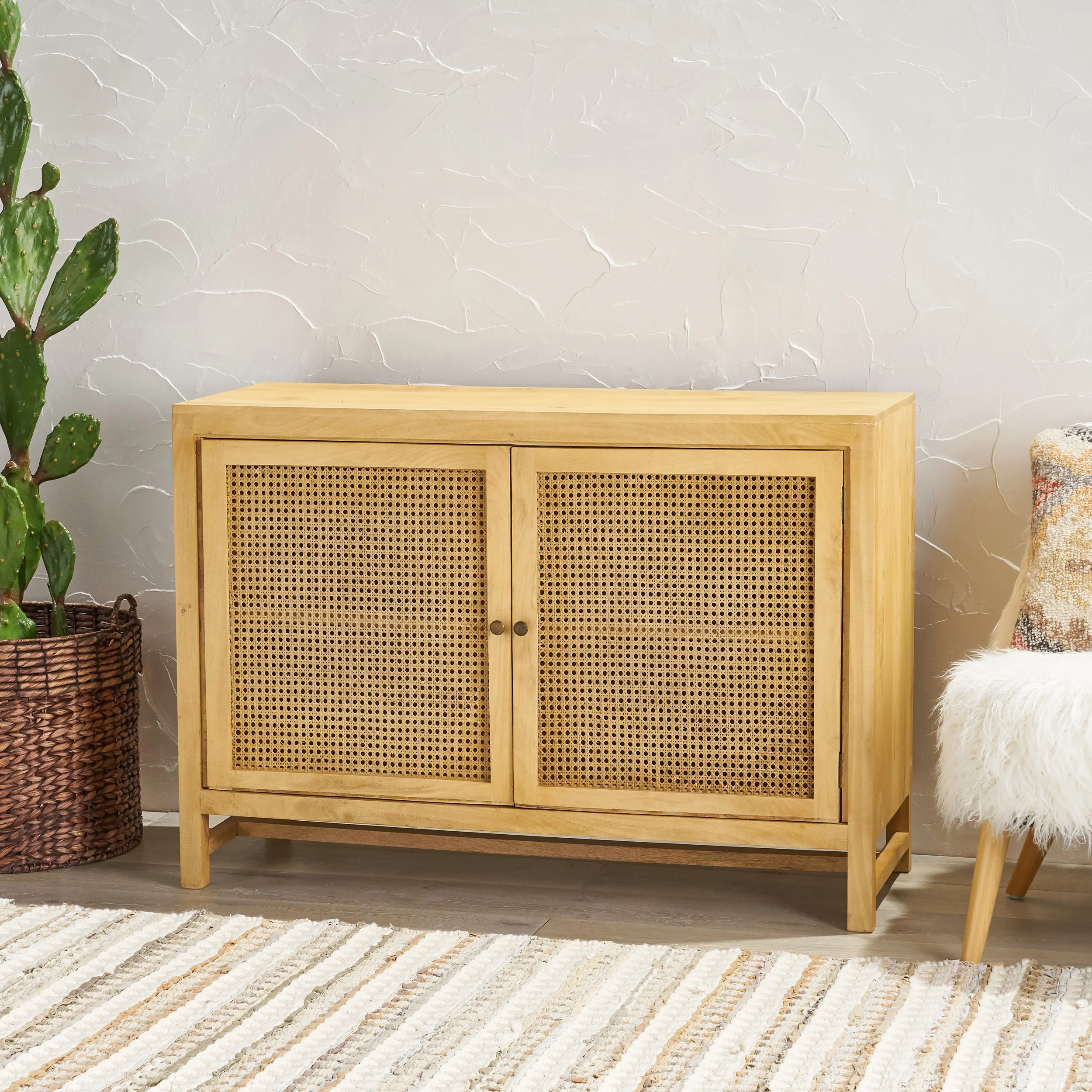 Viola Boho 2 Door Mango Wood Cabinet with Wicker Caning - furnishings