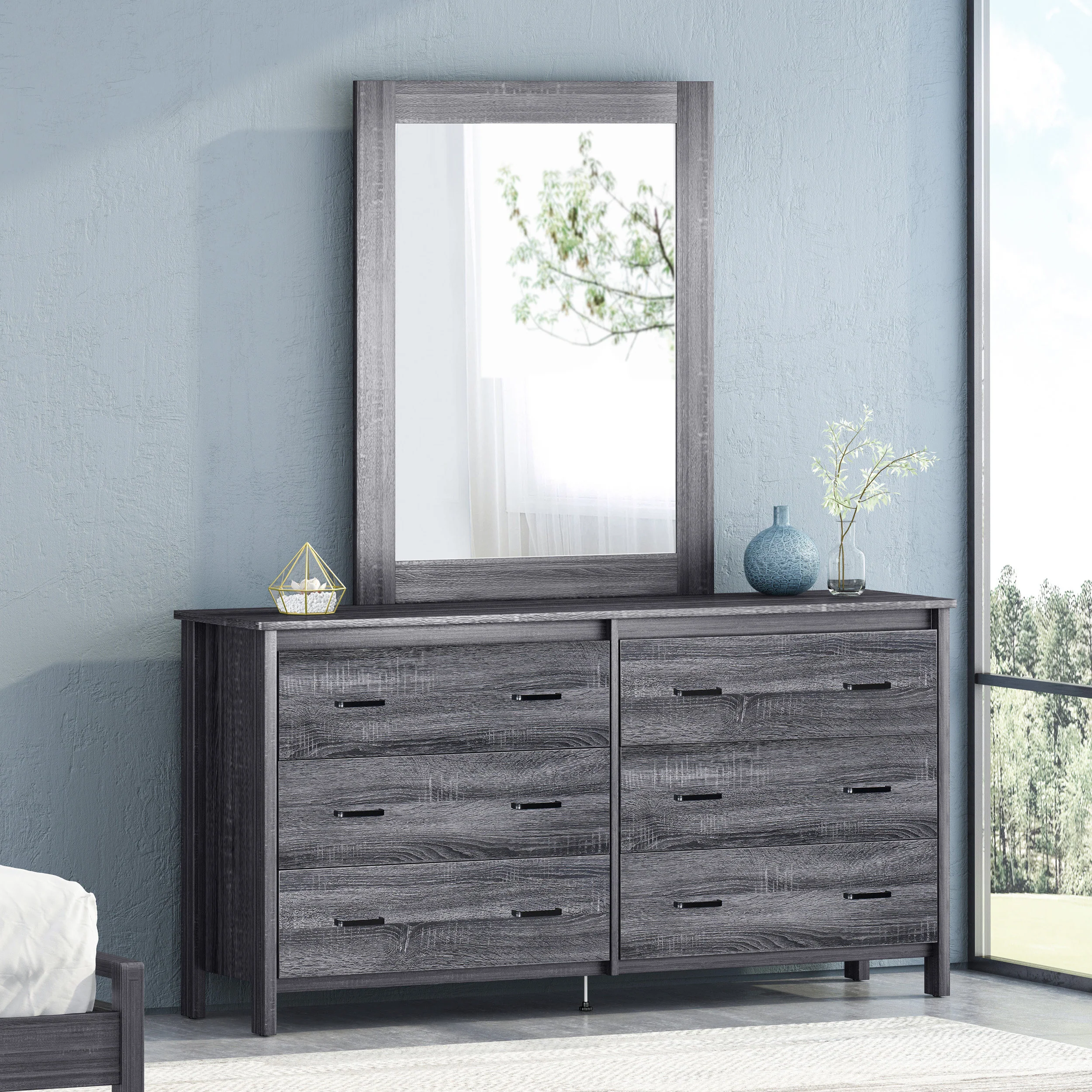 Titeca Contemporary 6 Drawer Vanity Dresser with Rectangular Mirror - furnishings