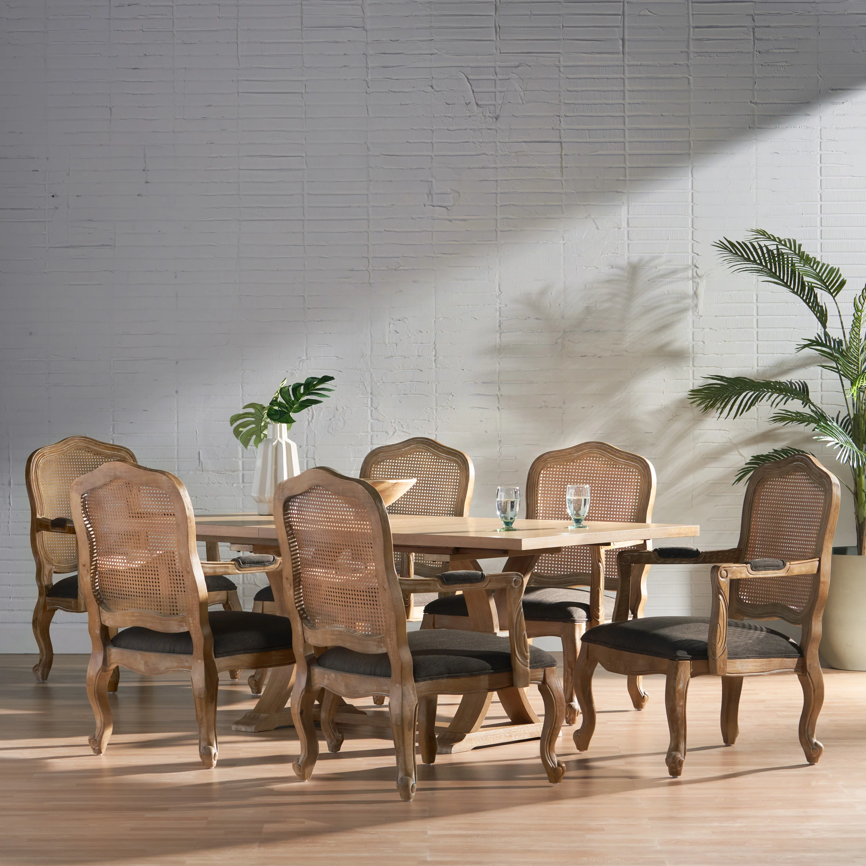 Biorn French Country Wood and Cane 7-Piece Expandable Dining Set - furnishings