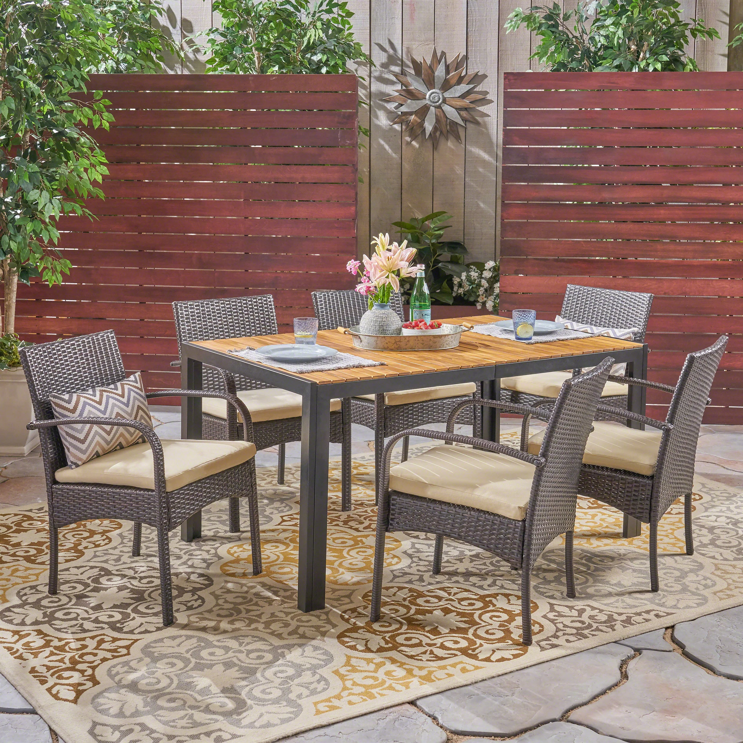 Quintina Outdoor 6-Seater Rectangular Acacia Wood and Wicker Dining Set, Teak with Black and Brown with Cream - furnishings