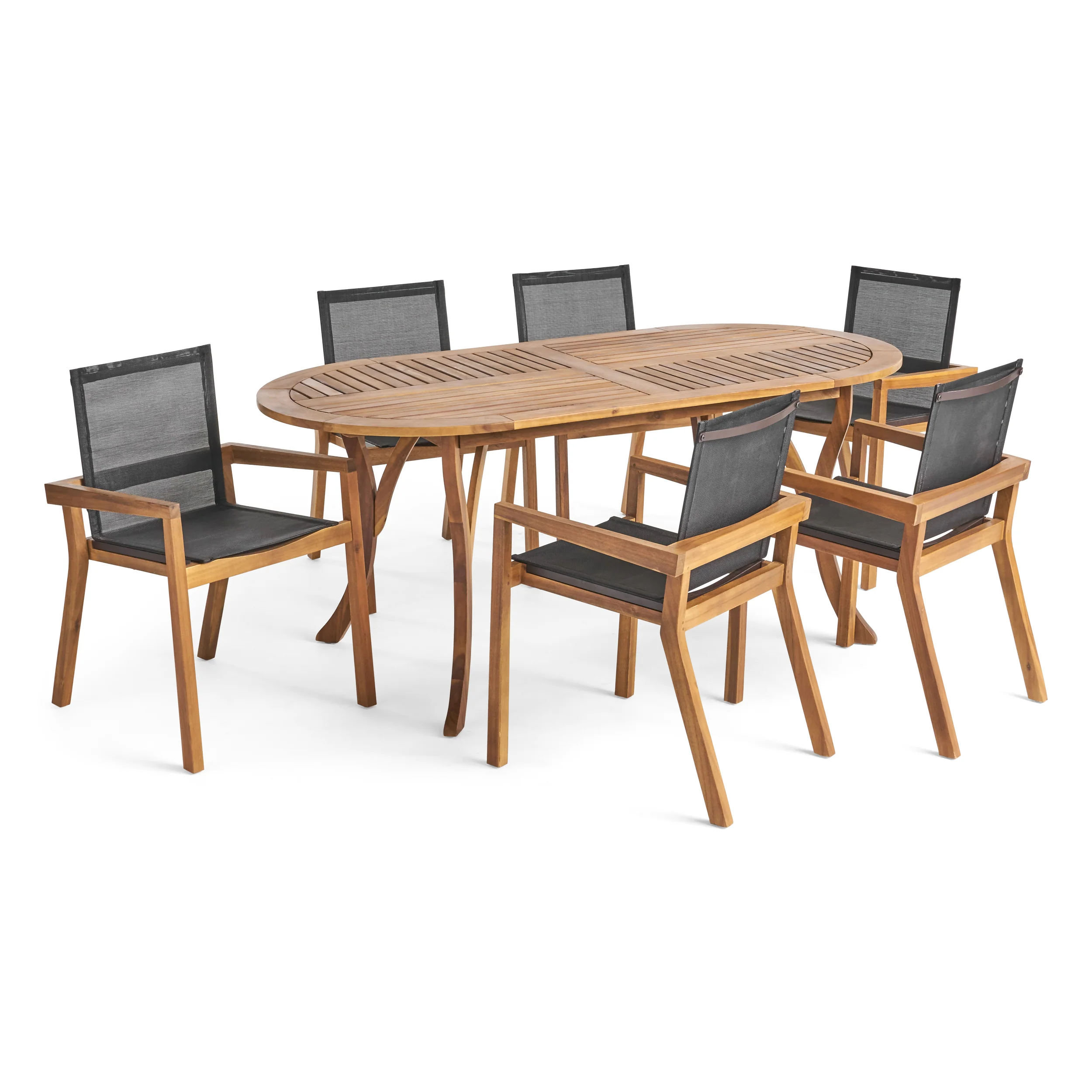 Pitt Outdoor Acacia Wood 6 Seater Patio Dining Set with Mesh Seats - furnishings