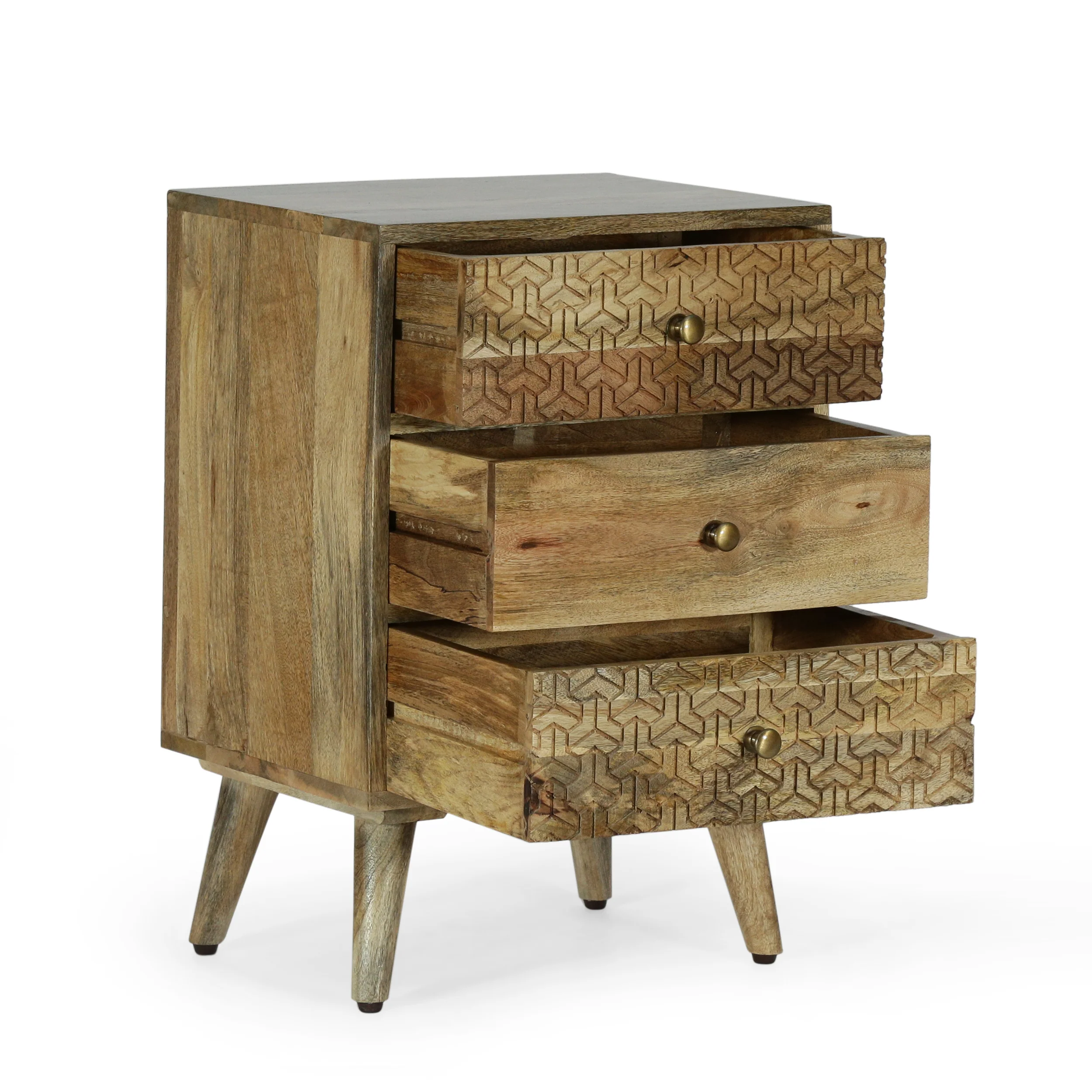 Stowe Boho Handcrafted Mango Wood 3 Drawer Nightstand, Natural - furnishings