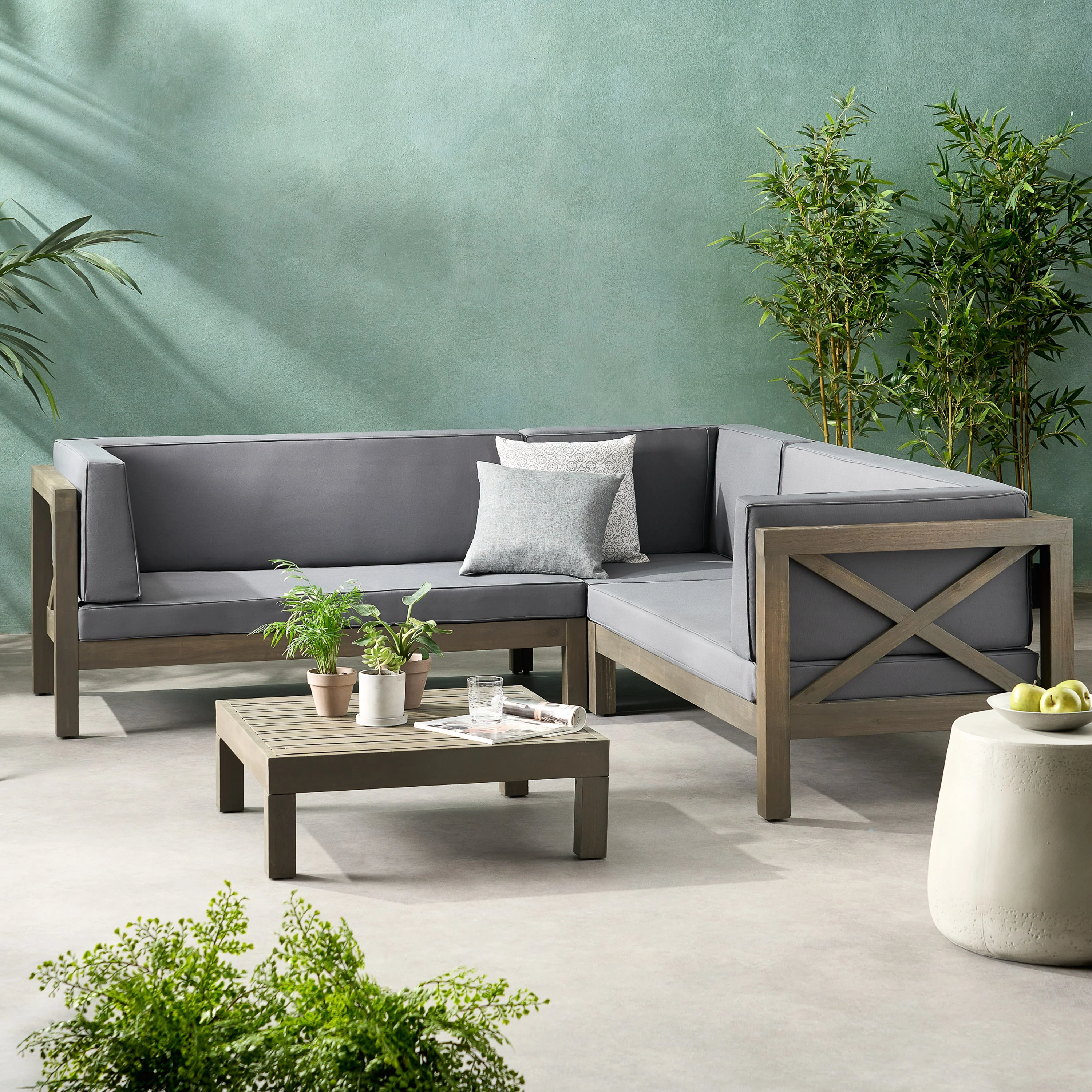 Brava Outdoor 4 Piece V-Shaped Acacia Wood Sectional Sofa and Coffee Table Set - furnishings
