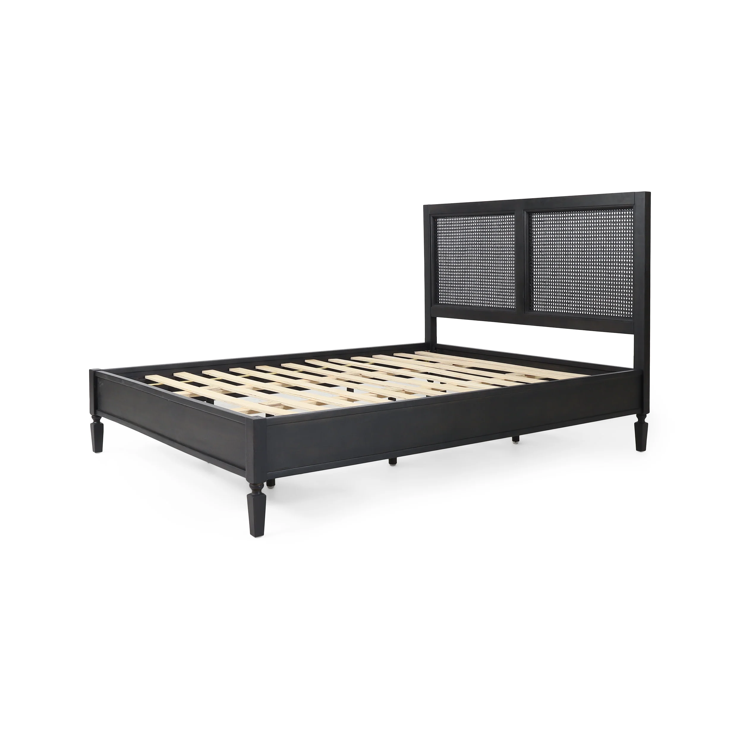 Mathena Rustic Acacia Wood and Rattan Queen Bed, Dark Gray - furnishings
