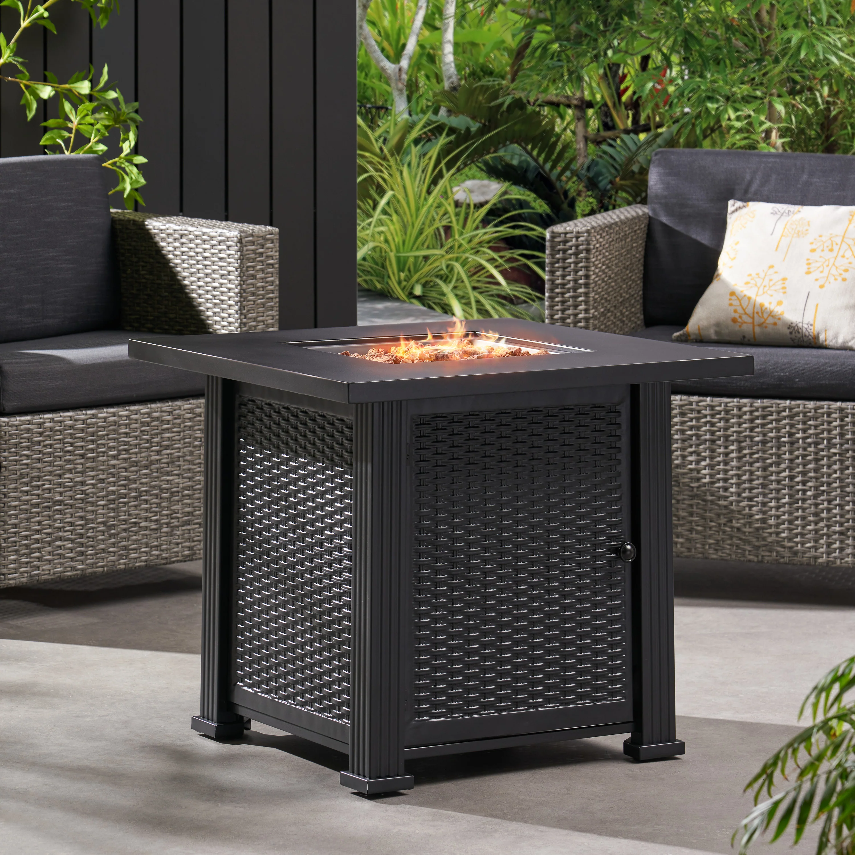 Farnsworth Outdoor 40,000 BTU Iron Square Fire Pit, Black - furnishings