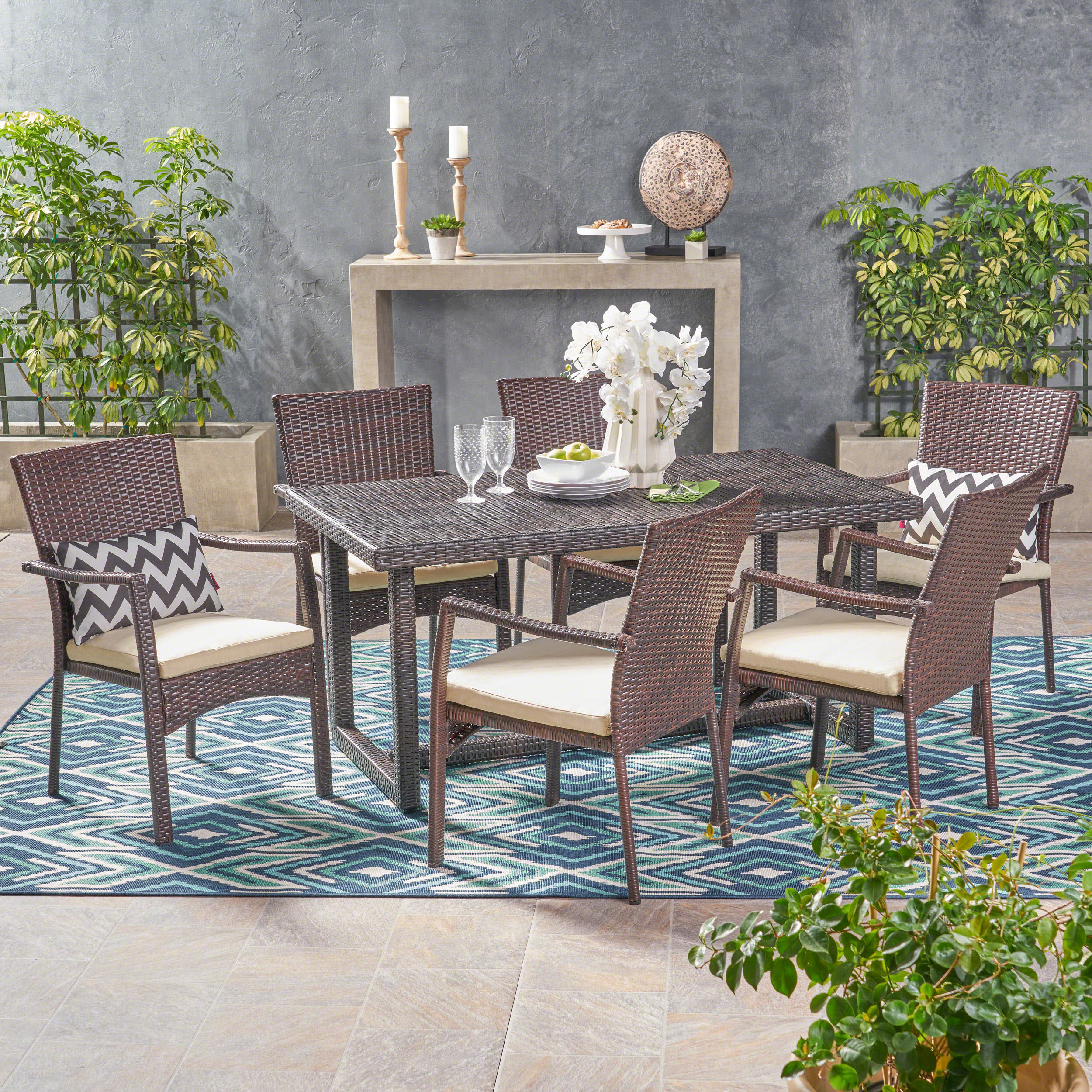 Able Outdoor Transitional 7-Piece Multi-Brown Wicker Dining Set with Cushions - furnishings
