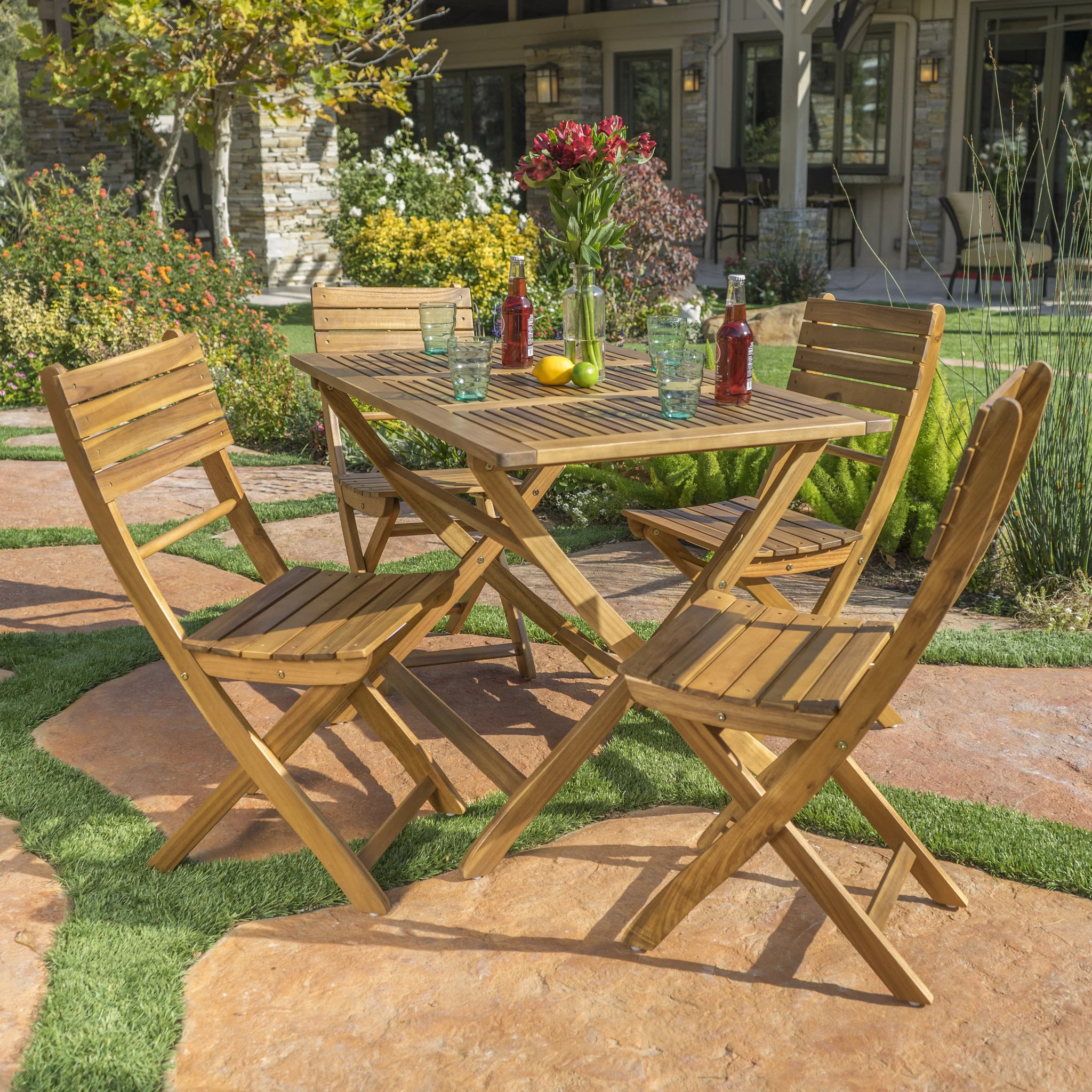 Vicaro Outdoor Natural Finish Acacia Wood Foldable Dining Set - furnishings