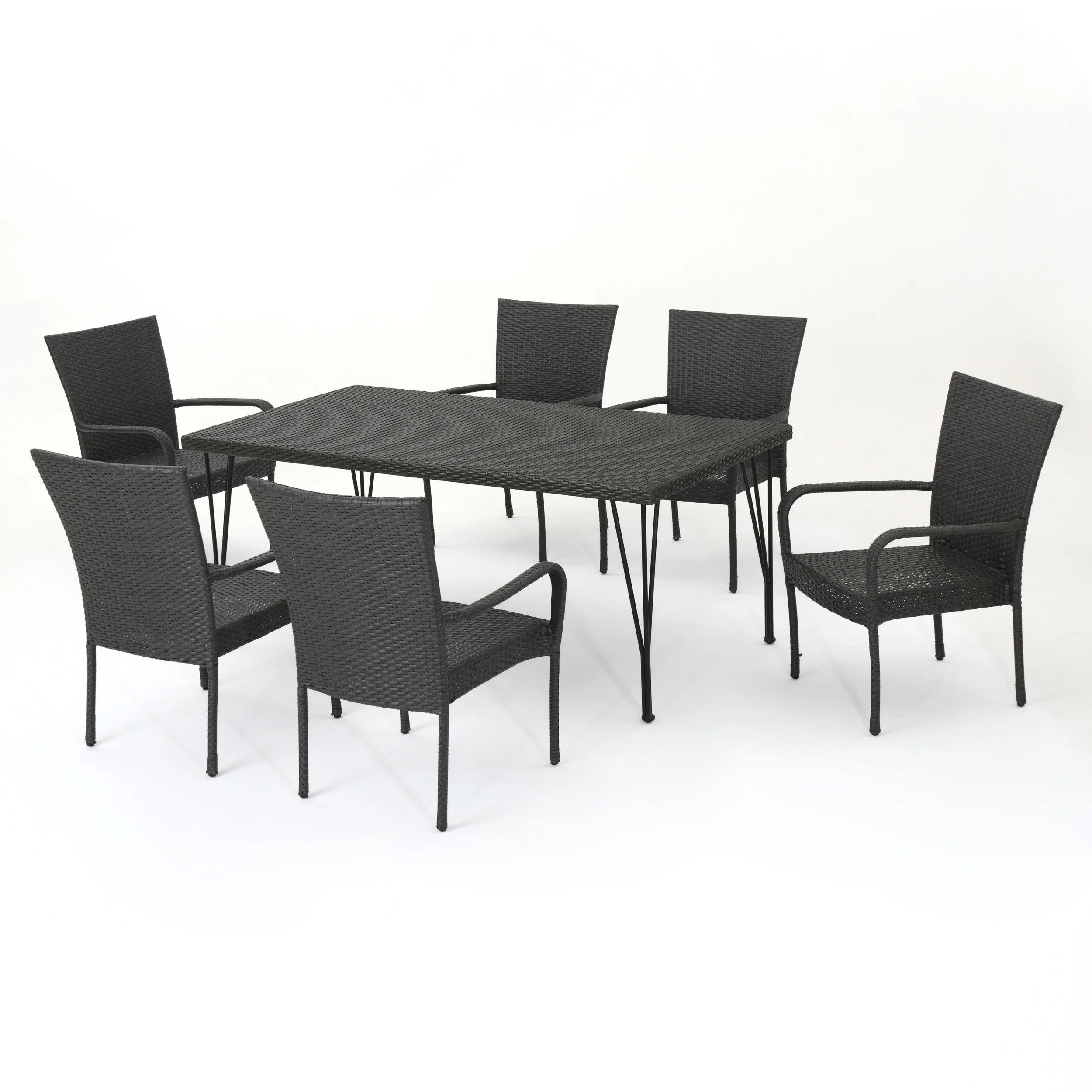 Nash Outdoor 7 Piece Gray Wicker Rectangular Dining Set with Stacking Chairs - furnishings