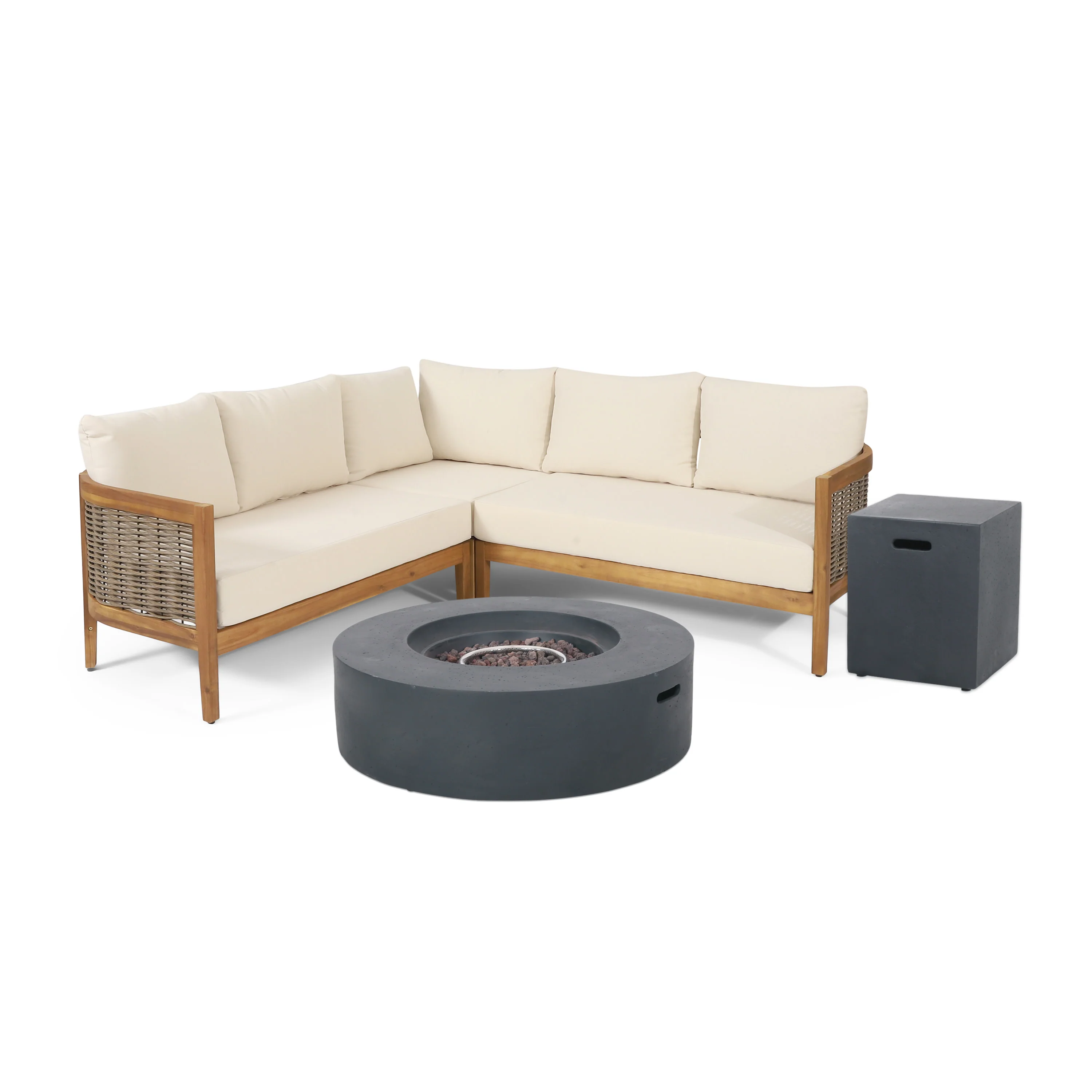 The Crowne Collection Outdoor Acacia Wood and Round Wicker 5 Seater Sectional Sofa Chat Set with Fire Pit - furnishings