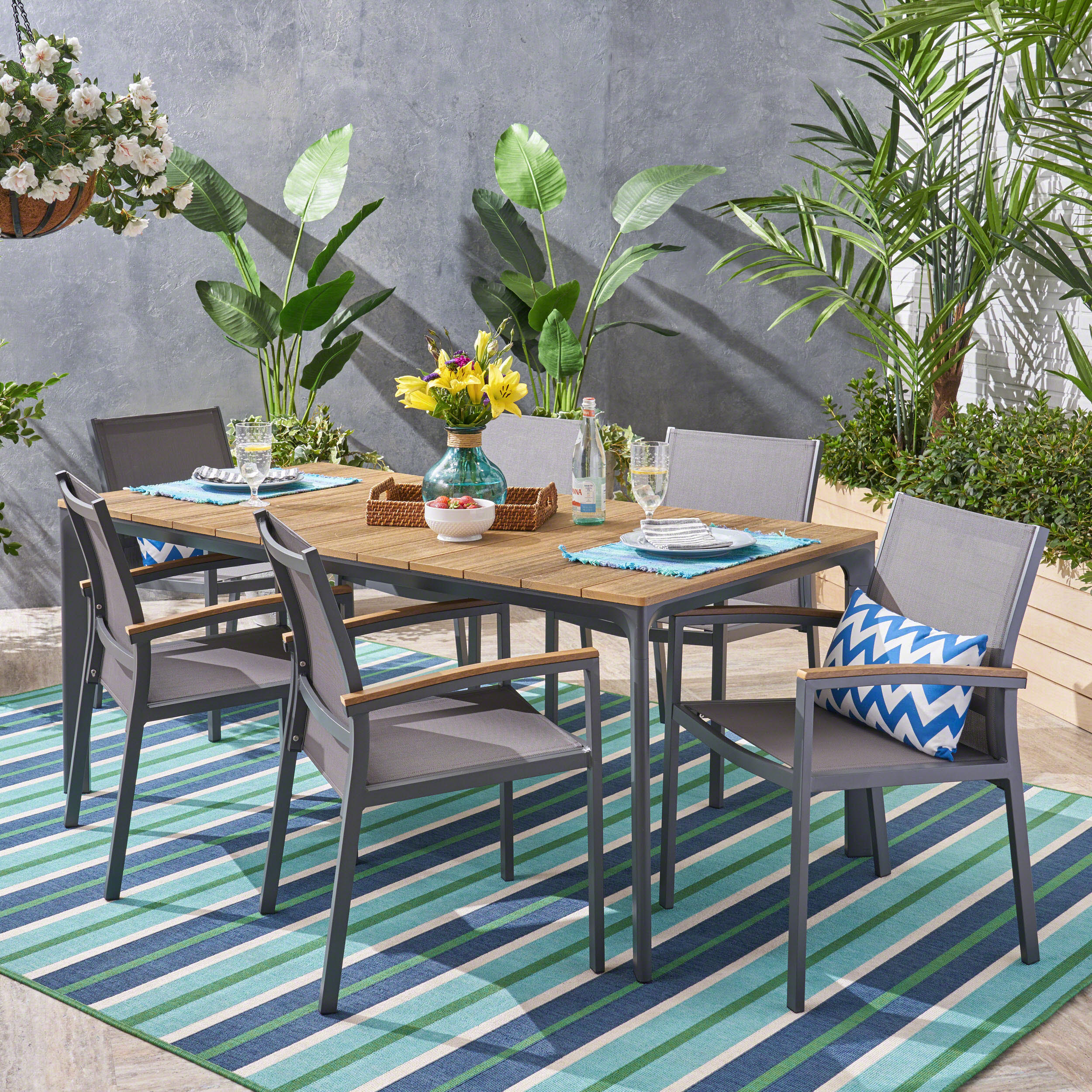 Huxley Outdoor Aluminum 7 Piece Dining Set with Wood Tabletop - furnishings