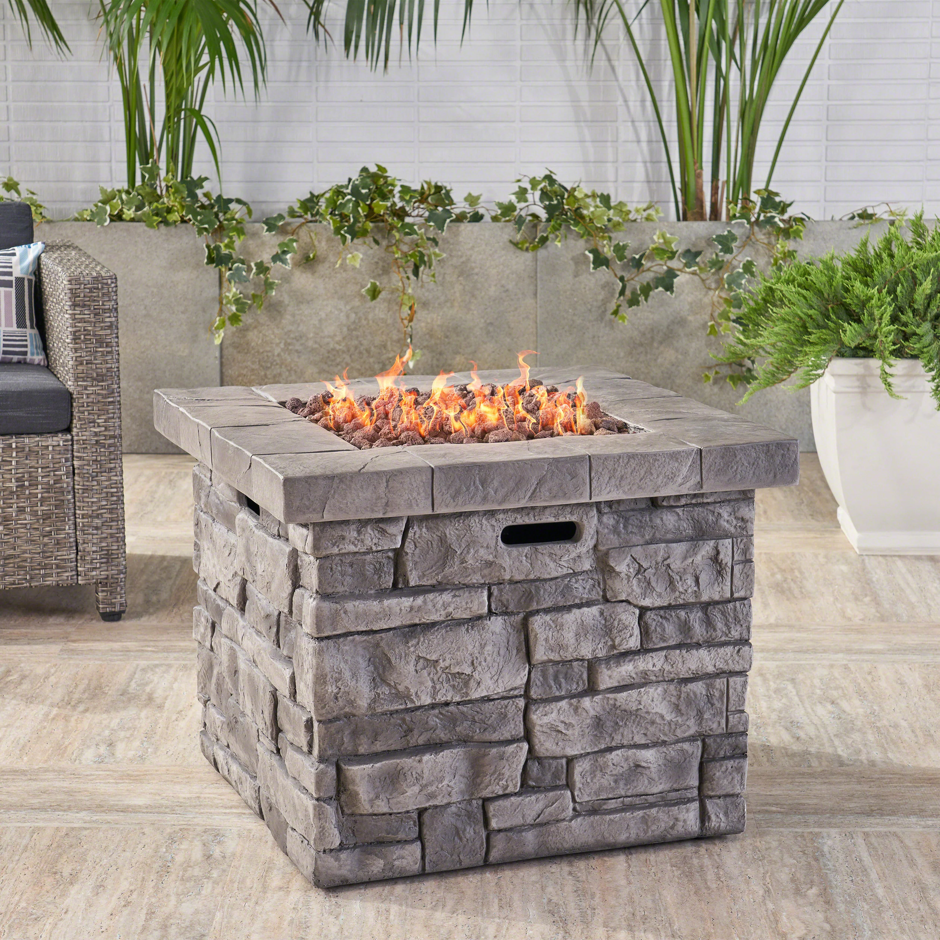 Angeleno Outdoor Square Gray Lightweight Concrete Fire Pit with Stone Finish - furnishings
