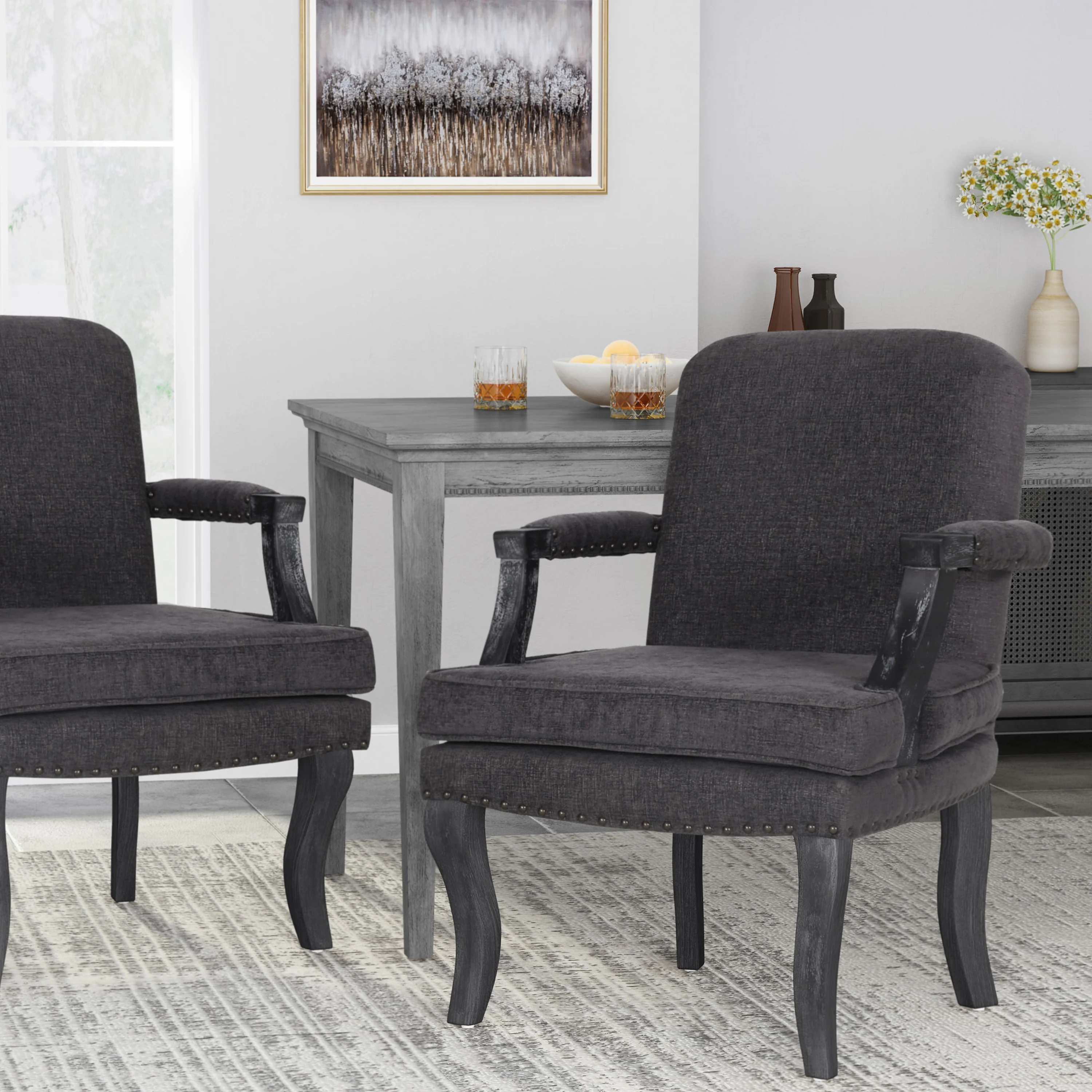 Tim French Country Upholstered Dining Arm Chair with Nailhead Trim - furnishings