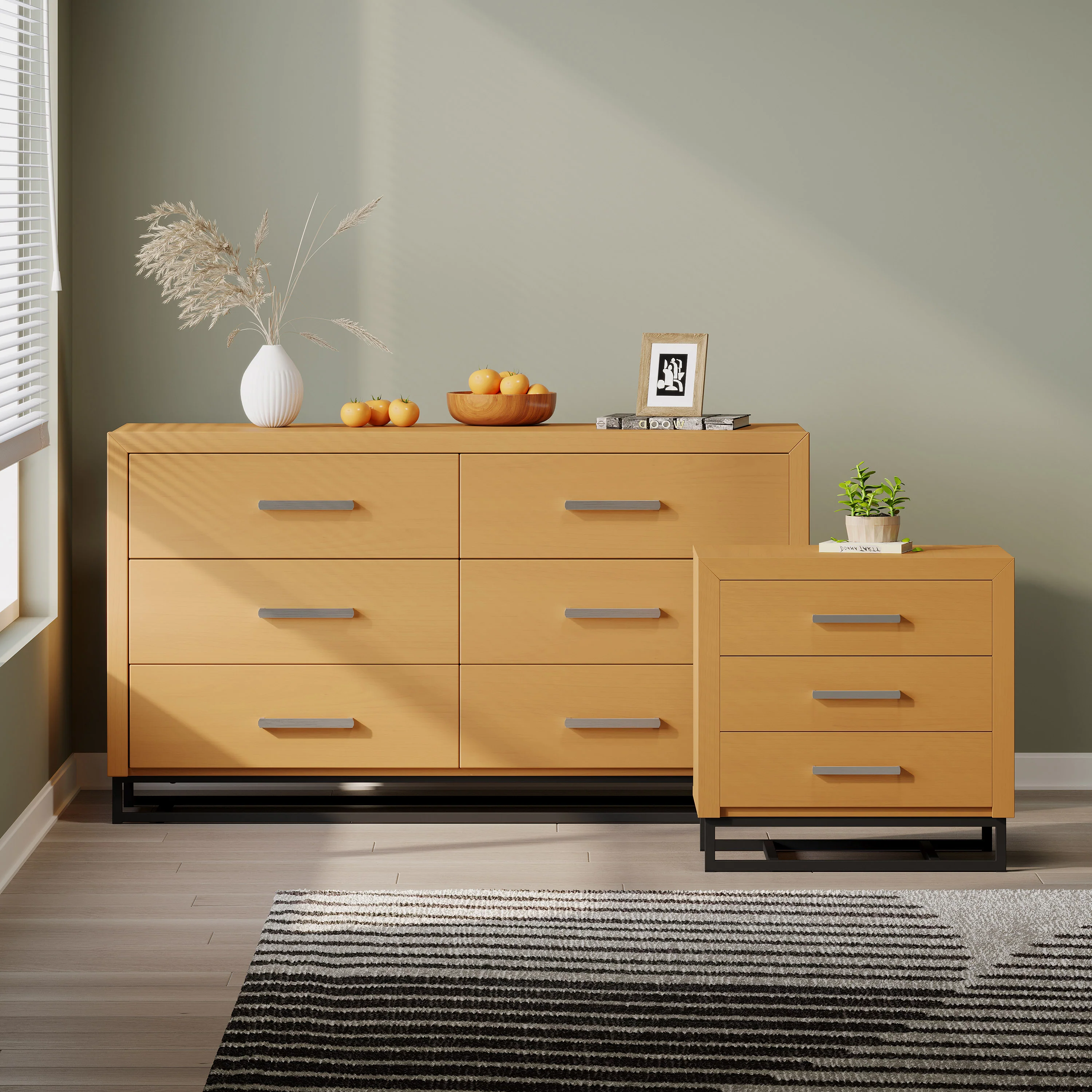 Borah Contemporary Faux Wood 2 Piece Double Dresser and Nightstand Bedroom Set - furnishings