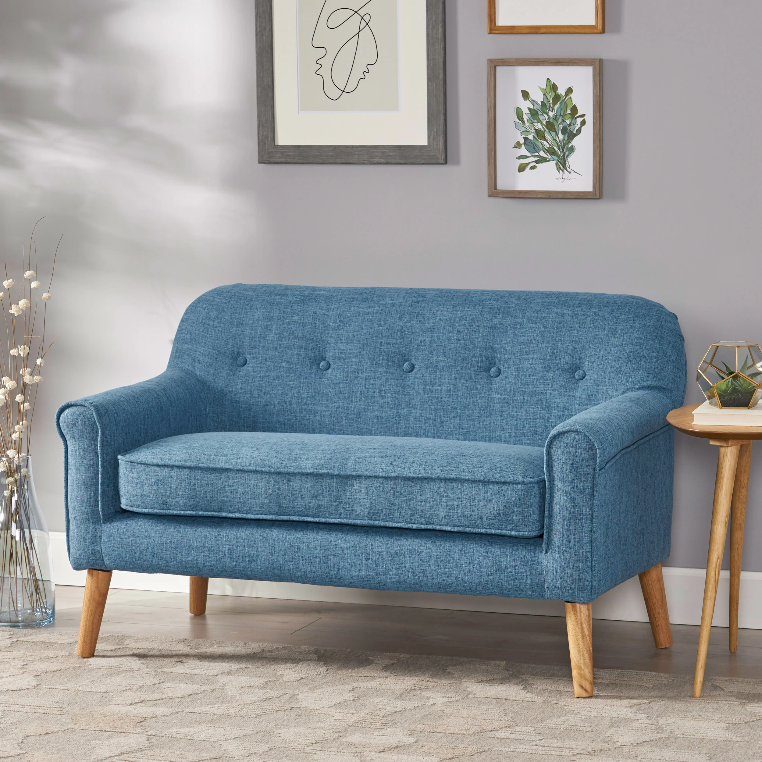Mia Mid-Century Modern Button Tufted Fabric Upholstered Loveseat w/ Tapered Legs - furnishings