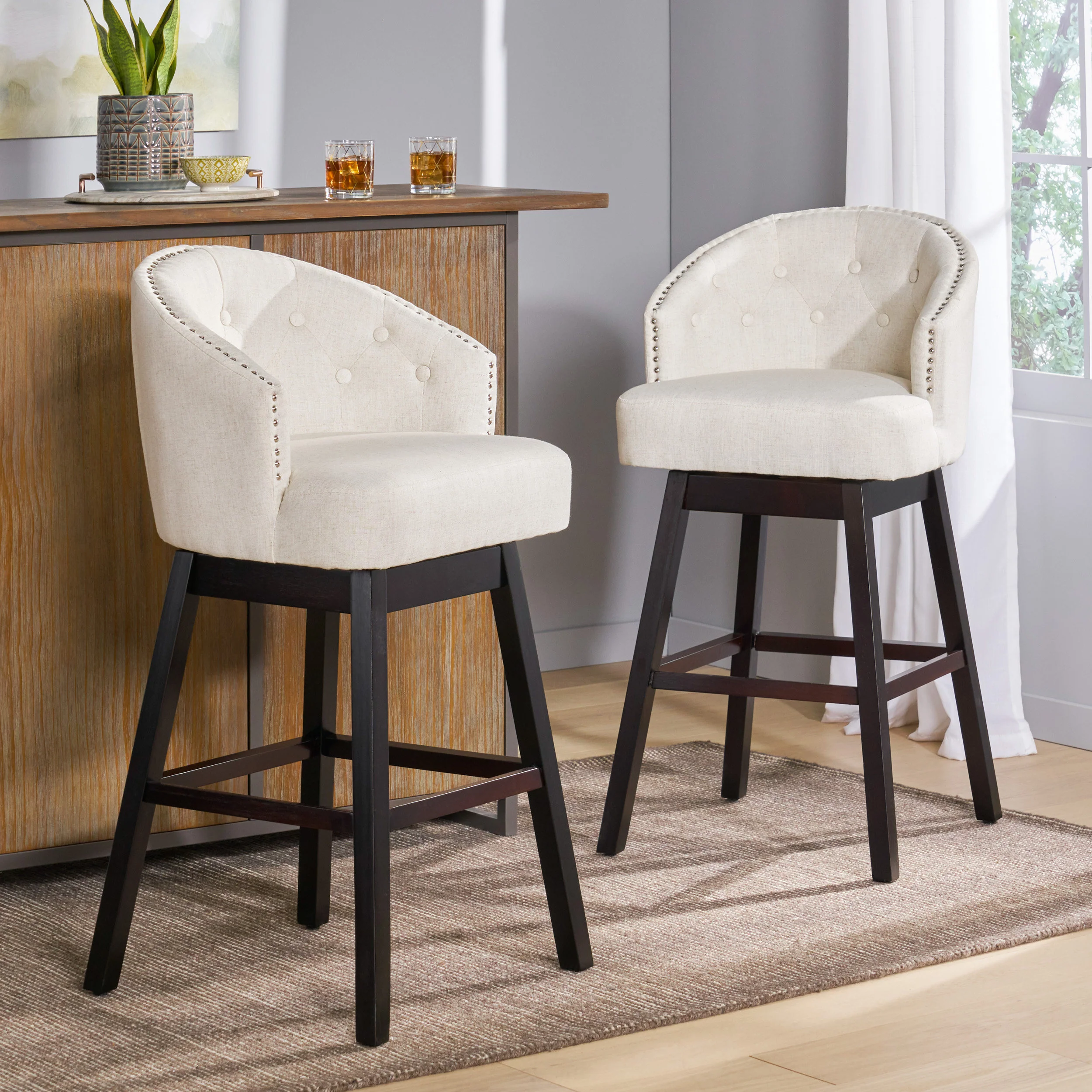 Westman 30-Inch Beige Fabric Swivel Backed Barstool (Set of 2) - furnishings