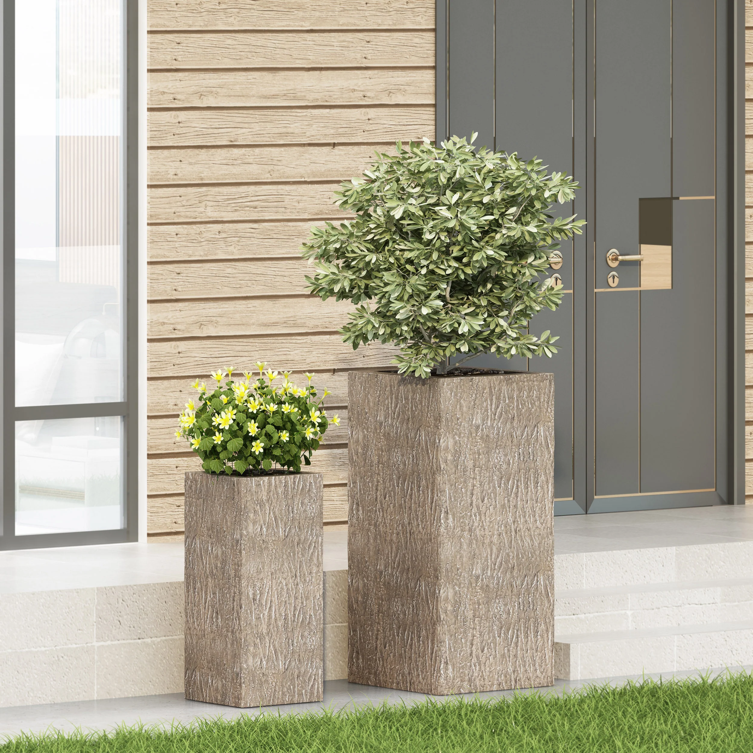 Berkamn Outdoor Large and Small Cast Stone Planters, Set of 2, Brown Wood - furnishings