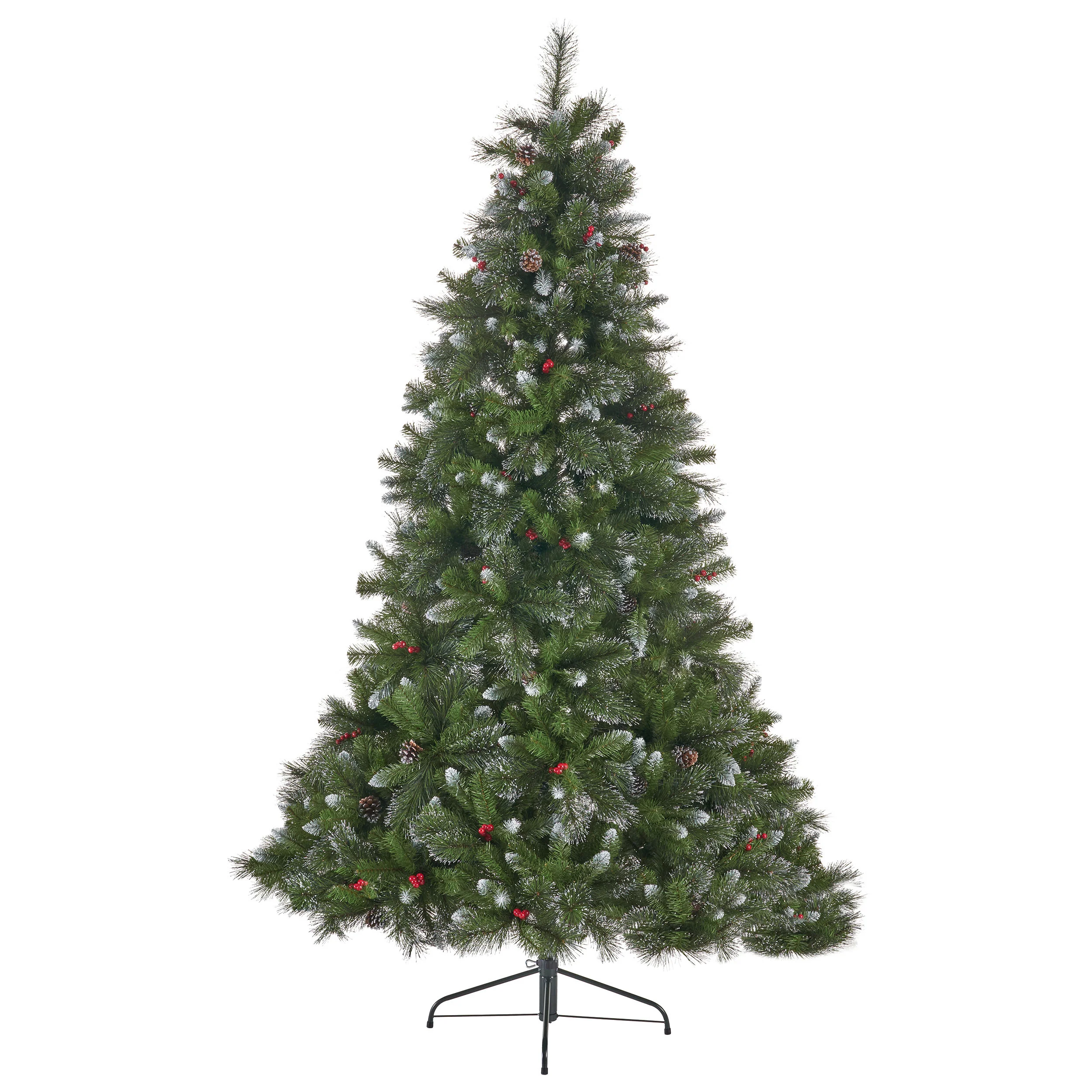 7-foot Mixed Spruce Hinged Artificial Christmas Tree with Glitter Branches, Red Berries, and Pinecones - furnbro