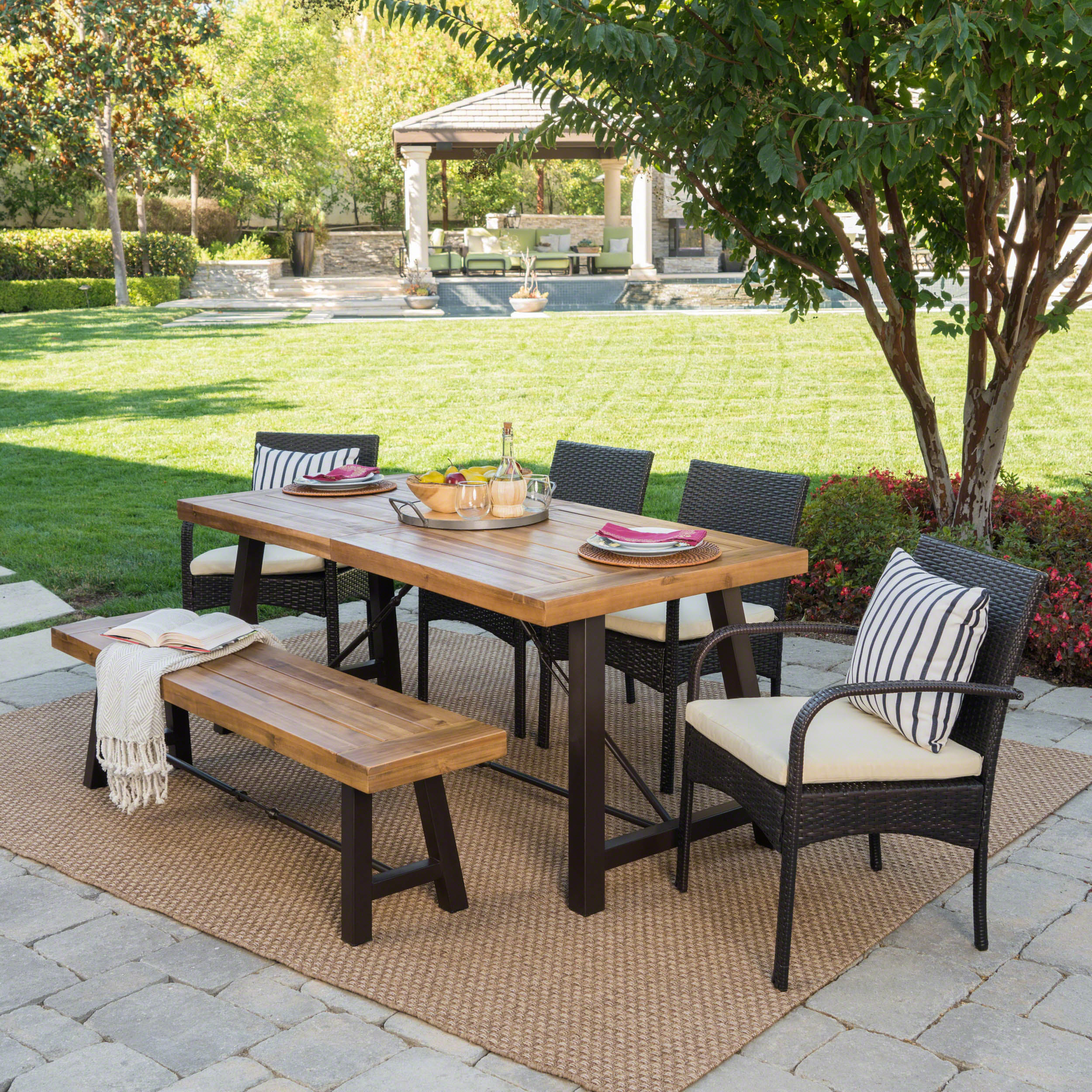 Belen Outdoor 6 Piece Teak Finished Acacia Wood Dining Set with Dining Chairs - furnishings