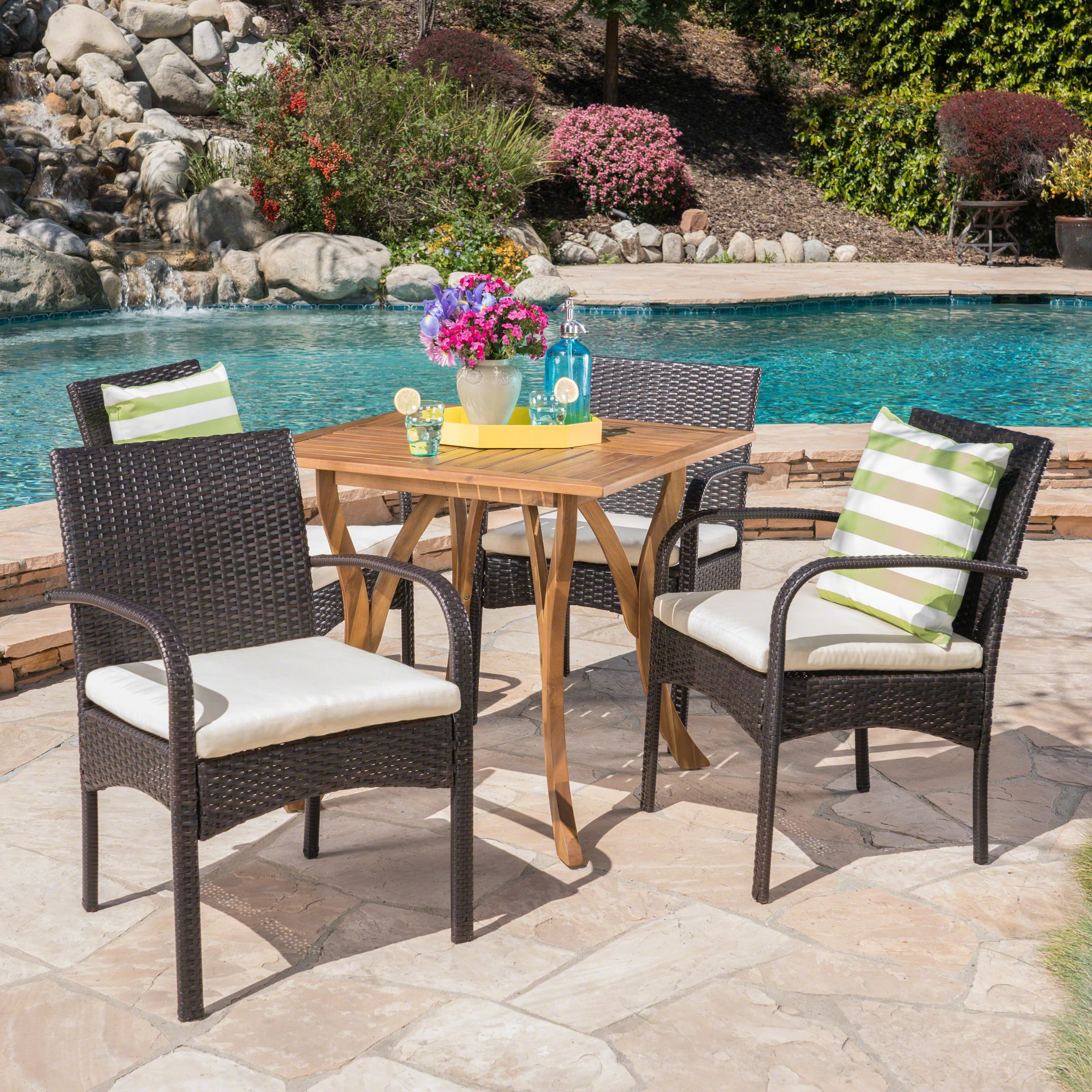 Derek Outdoor 5 Piece Acacia Wood/ Wicker Dining Set with Cushions, Teak Finish and Multibrown with Cr¨¨me - furnishings